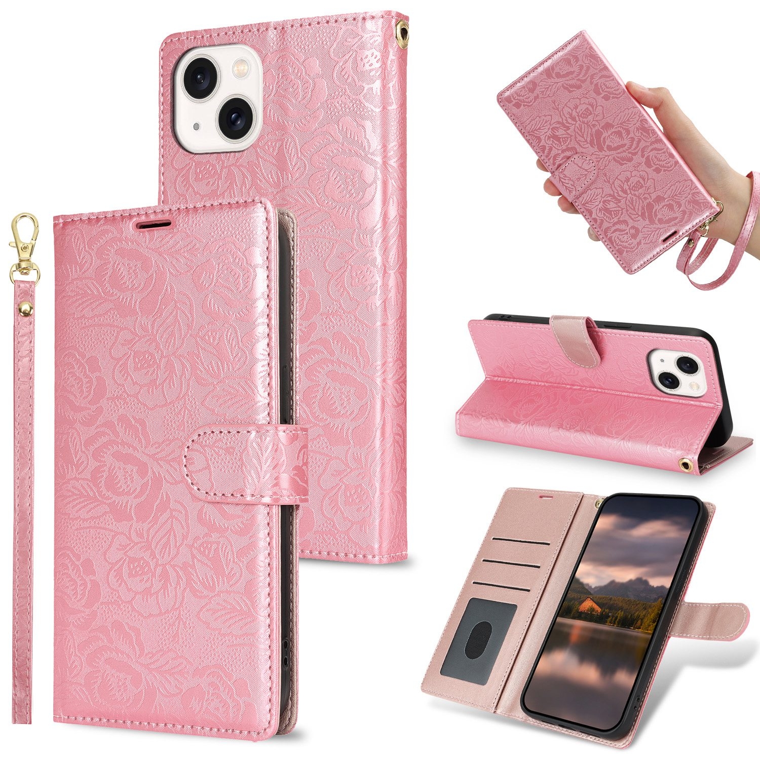 For iPhone 14 / 13 Peony Flowers Imprint Leather Phone Case(Pink) For iPhone 14 / 13 Peony Flowers Imprint Leather Phone Case(Pink)
