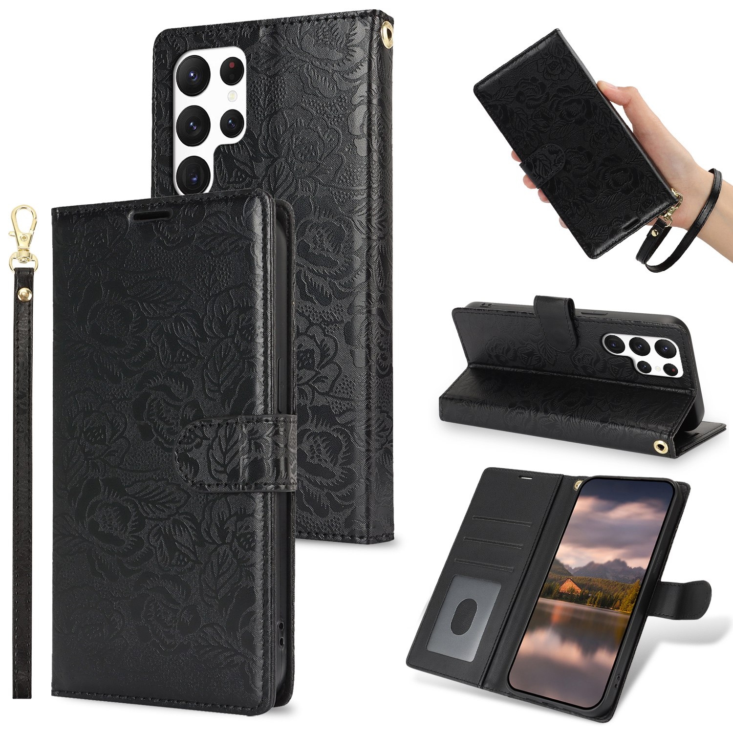 For Samsung Galaxy S22 Ultra 5G Peony Flowers Imprint Leather Phone Case(Black) For Samsung Galaxy S22 Ultra 5G Peony Flowers Imprint Leather Phone Case(Black)