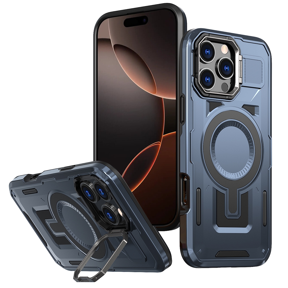 For iPhone 16 Pro Shield Hollow Frame Holder MagSafe Phone Case(Navy Blue) For iPhone 16 Pro Shield Hollow Frame Holder MagSafe Phone Case(Navy Blue)