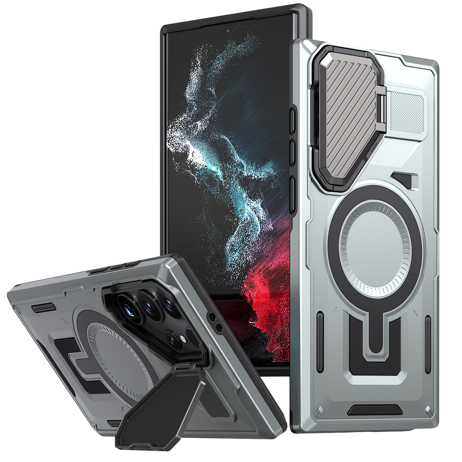 For Samsung Galaxy S22 Ultra 5G Shield Frame Holder MagSafe Phone Case(Grey) For Samsung Galaxy S22 Ultra 5G Shield Frame Holder MagSafe Phone Case(Grey)
