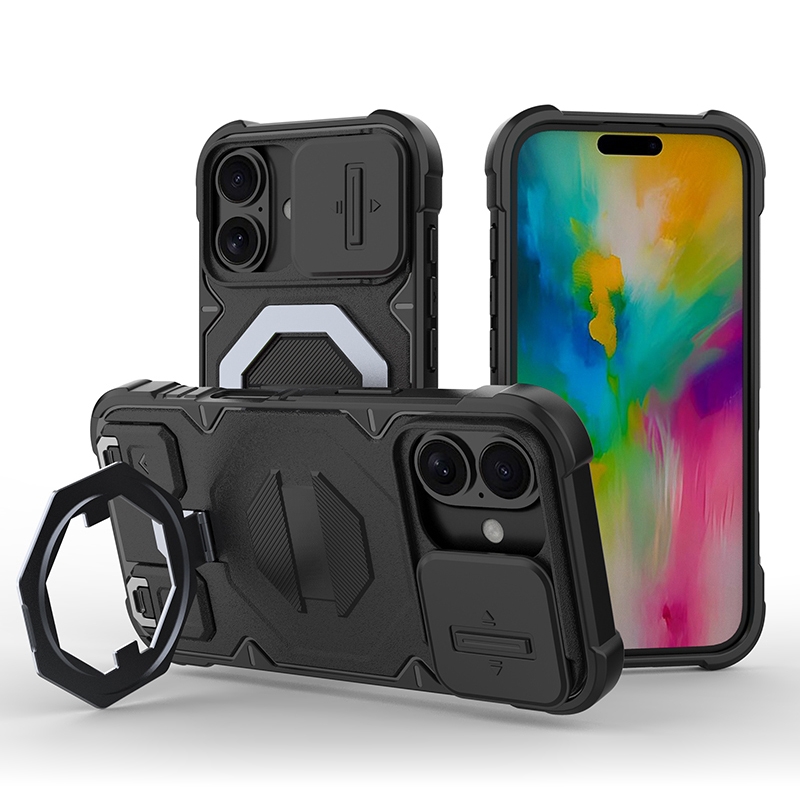 For iPhone 16 Camera Shield Armor MagSafe Holder Phone Case with Strap(Black) For iPhone 16 Camera Shield Armor MagSafe Holder Phone Case with Strap(Black)