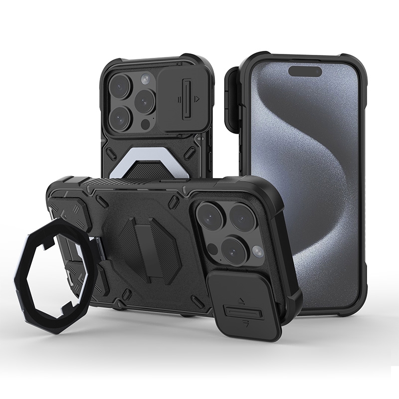 For iPhone 15 Pro Camera Shield Armor MagSafe Holder Phone Case with Strap(Black) For iPhone 15 Pro Camera Shield Armor MagSafe Holder Phone Case with Strap(Black)