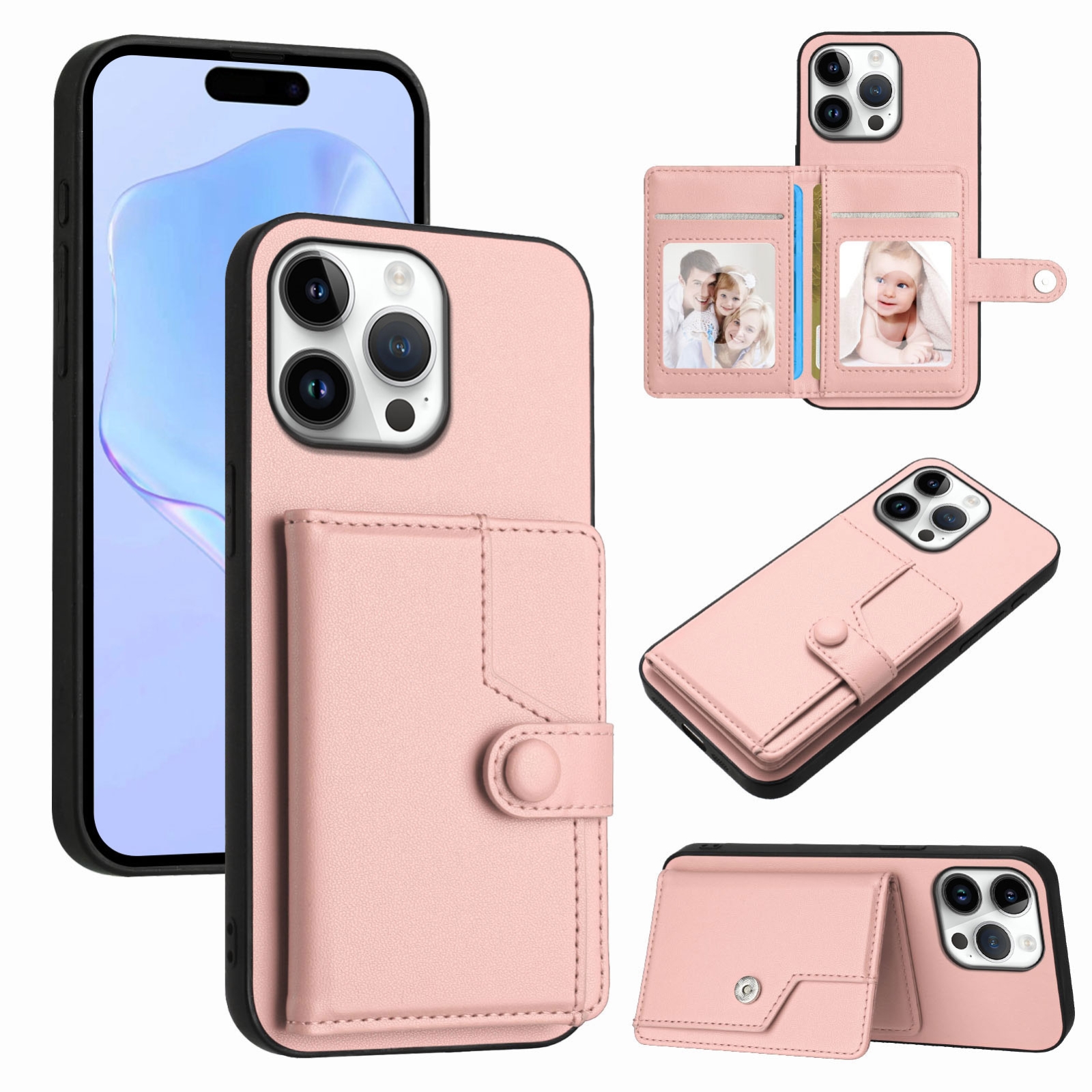 For iPhone 16 Pro Max Button Card Bag RFID Anti-theft Phone Case(Pink) For iPhone 16 Pro Max Button Card Bag RFID Anti-theft Phone Case(Pink)