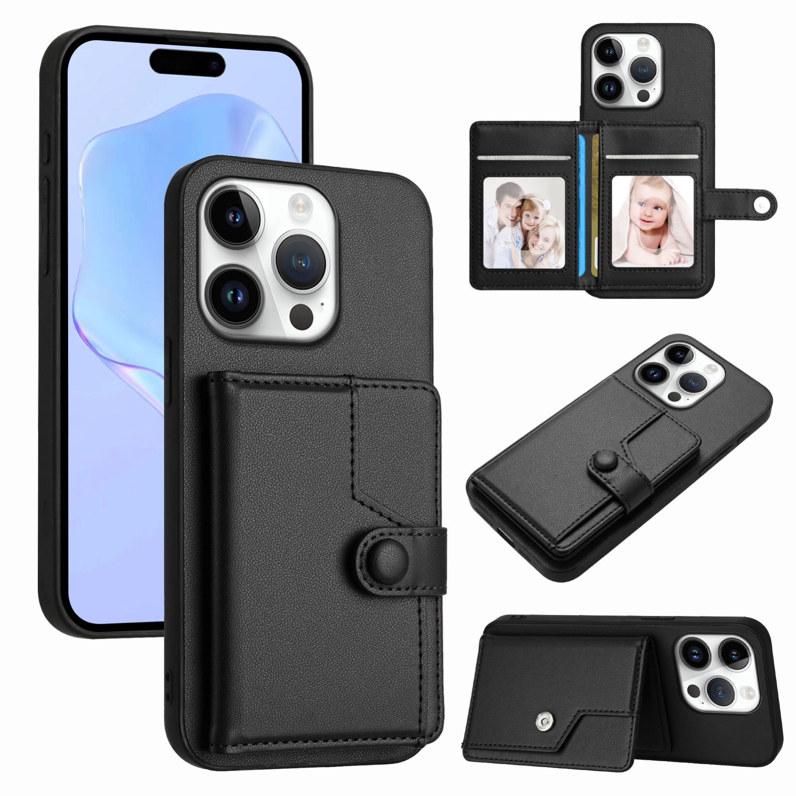 For iPhone 16 Pro Button Card Bag RFID Anti-theft Phone Case(Black) For iPhone 16 Pro Button Card Bag RFID Anti-theft Phone Case(Black)