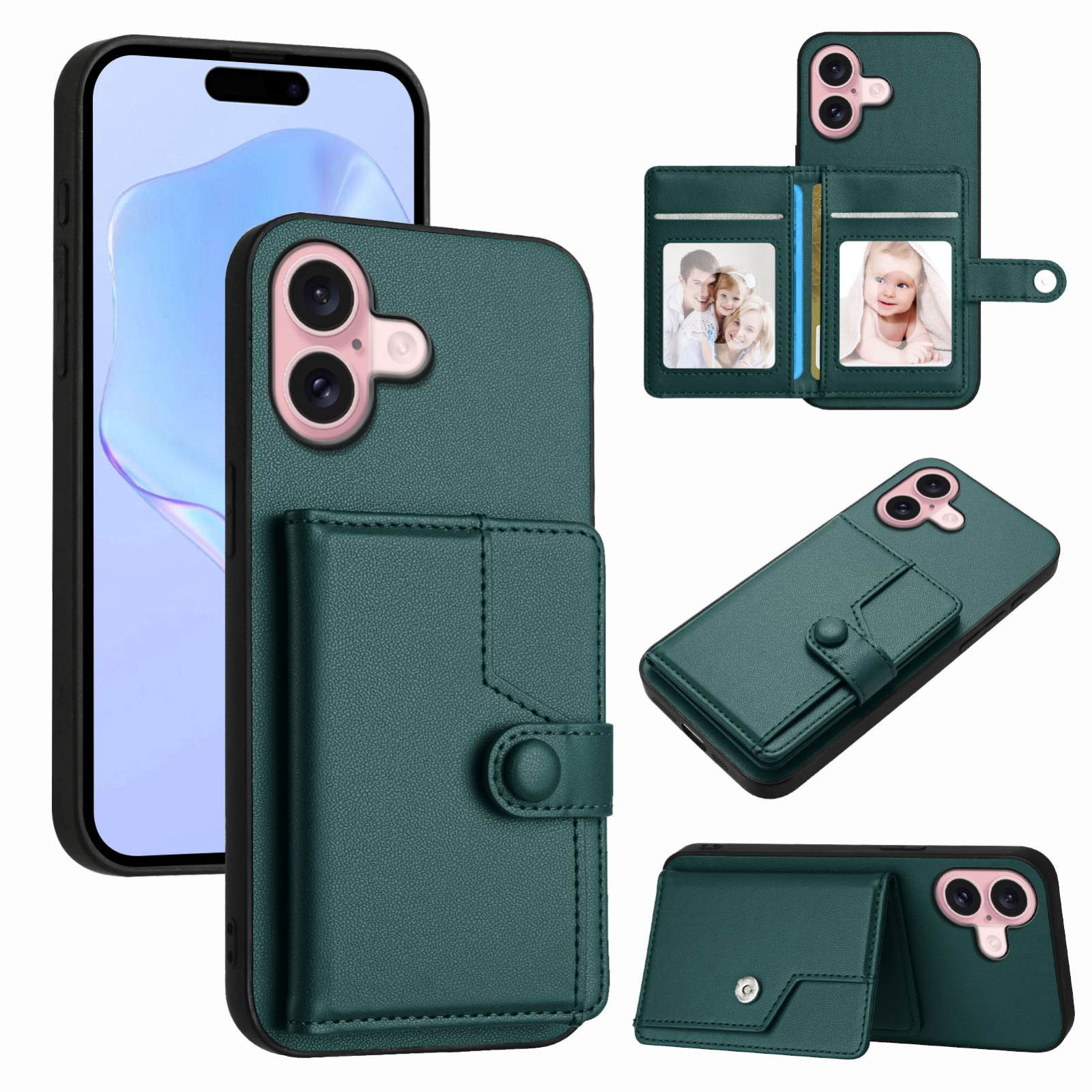 For iPhone 16 Button Card Bag RFID Anti-theft Phone Case(Green) For iPhone 16 Button Card Bag RFID Anti-theft Phone Case(Green)