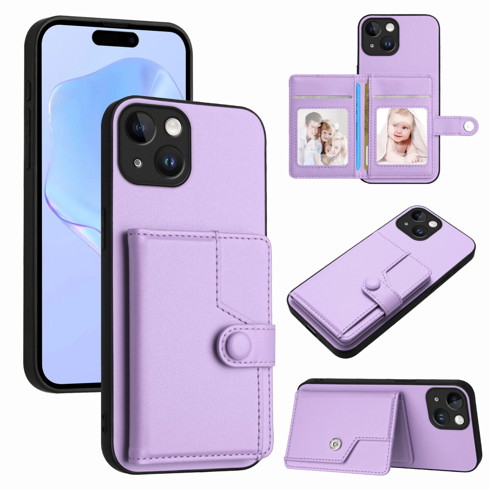 For iPhone 13 mini Button Card Bag RFID Anti-theft Phone Case(Purple) For iPhone 13 mini Button Card Bag RFID Anti-theft Phone Case(Purple)