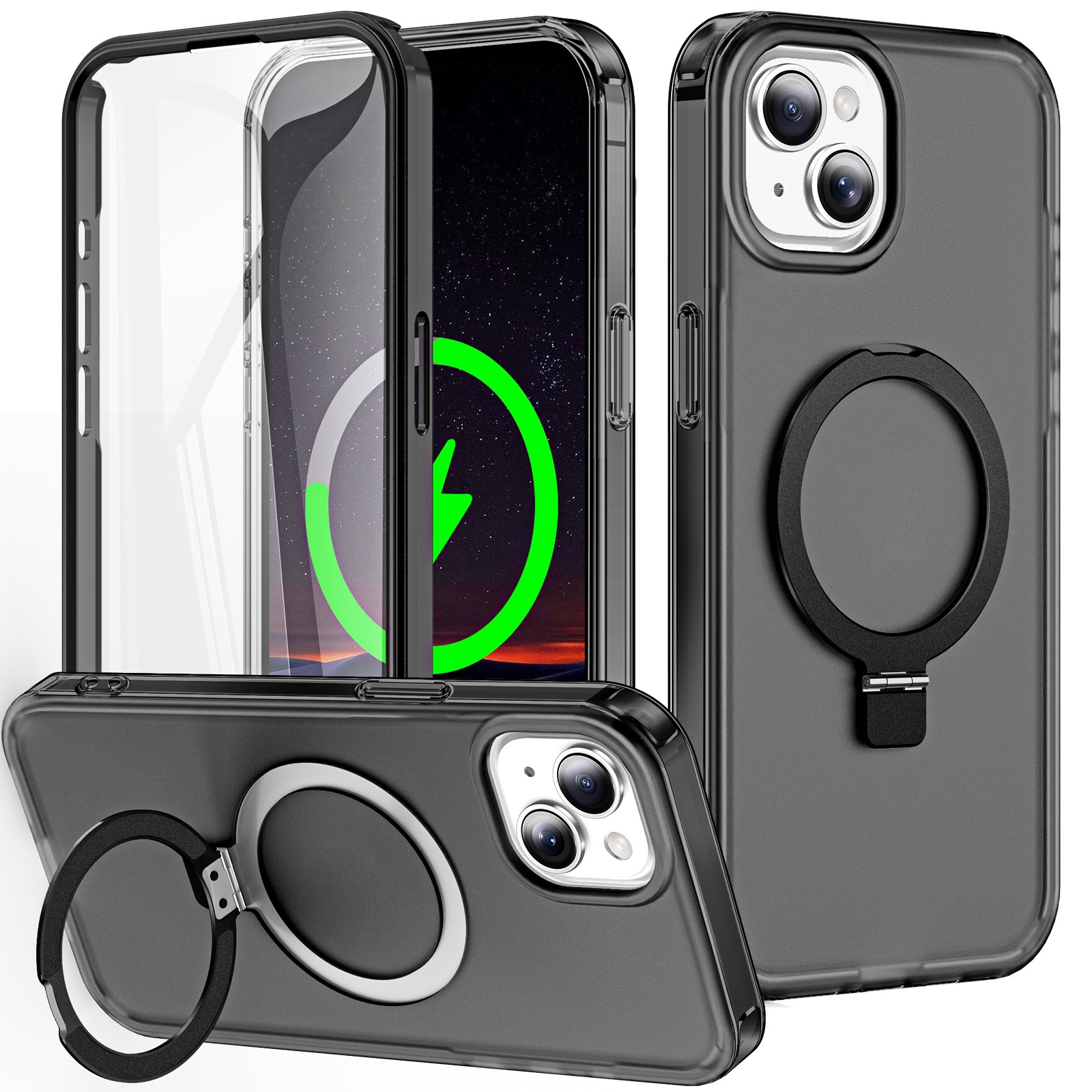 For iPhone 15 Plus Frosted Skin Feel MagSafe Holder 360 Full Body Phone Case(Black) For iPhone 15 Plus Frosted Skin Feel MagSafe Holder 360 Full Body Phone Case(Black)