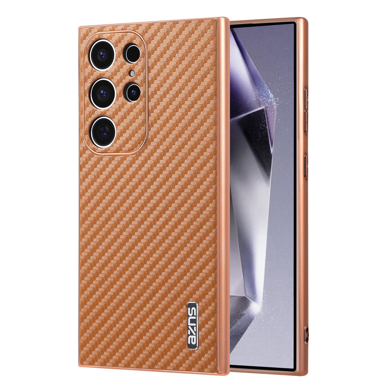 For Samsung Galaxy S22 Ultra 5G AZNS Electroplated Edge Carbon Fiber Texture Phone Case(Brown) For Samsung Galaxy S22 Ultra 5G AZNS Electroplated Edge Carbon Fiber Texture Phone Case(Brown)