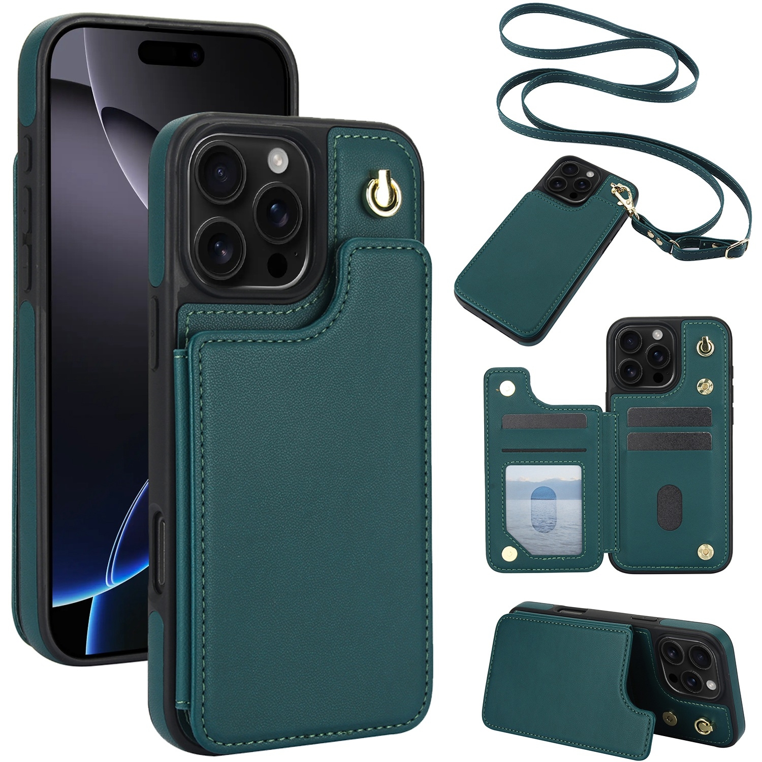 For iPhone 16 Pro Crossbody Dual-Buckle Wallet Back Leather Phone Case(Green) For iPhone 16 Pro Crossbody Dual-Buckle Wallet Back Leather Phone Case(Green)
