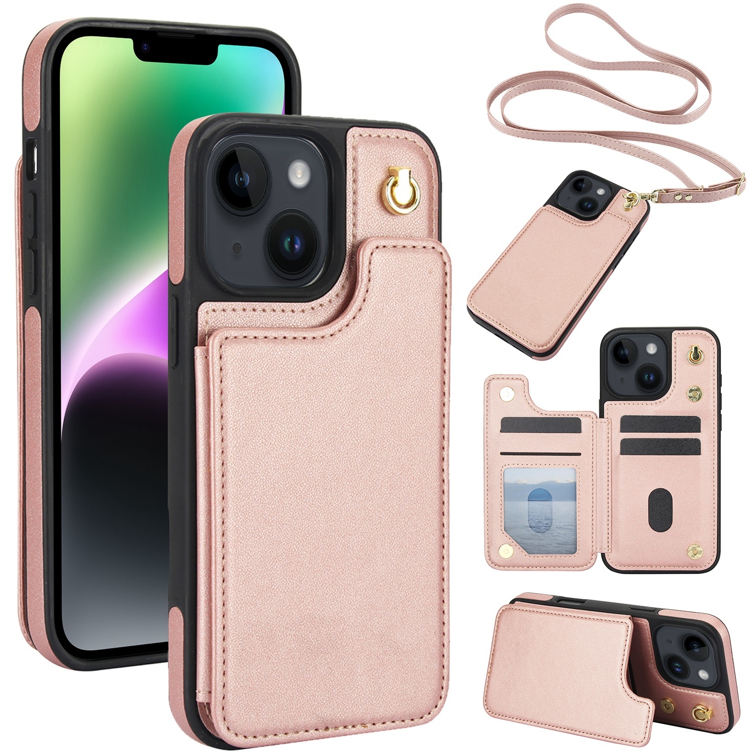 For iPhone 14 / 13 Crossbody Dual-Buckle Wallet Back Leather Phone Case(Rose Gold) For iPhone 14 / 13 Crossbody Dual-Buckle Wallet Back Leather Phone Case(Rose Gold)