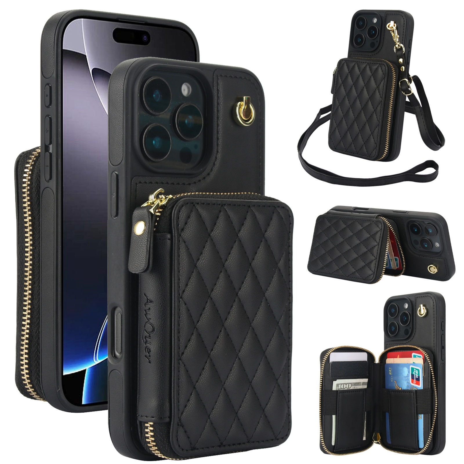 For iPhone 16 Pro Max AwQuer Crossbody Zipper Wallet Rhombic Leather Back Phone Case(Black) For iPhone 16 Pro Max AwQuer Crossbody Zipper Wallet Rhombic Leather Back Phone Case(Black)