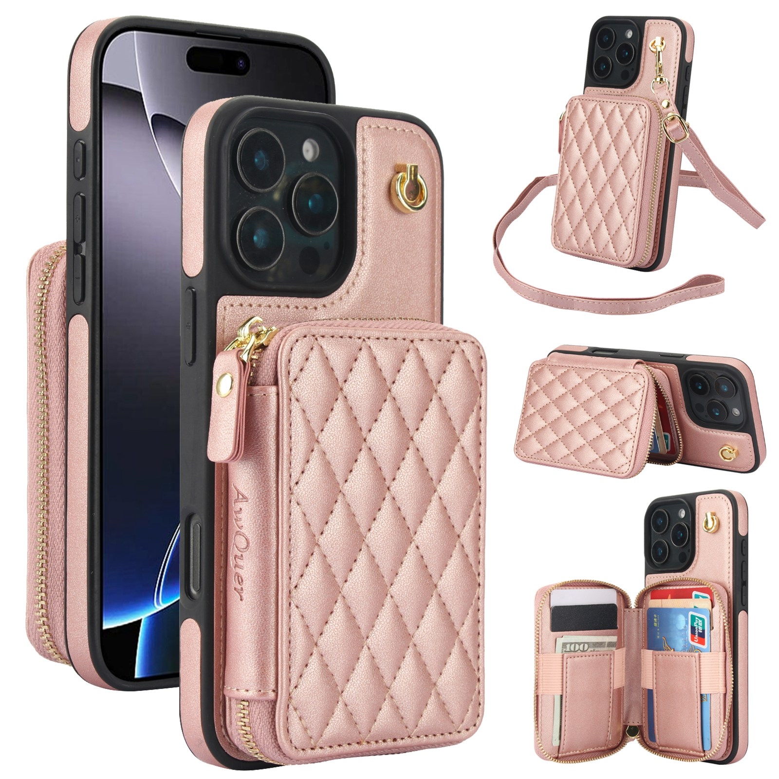 For iPhone 16 Pro AwQuer Crossbody Zipper Wallet Rhombic Leather Back Phone Case(Rose Gold) For iPhone 16 Pro AwQuer Crossbody Zipper Wallet Rhombic Leather Back Phone Case(Rose Gold)