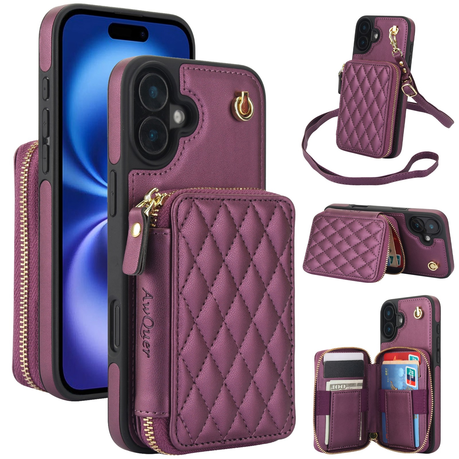 For iPhone 16 AwQuer Crossbody Zipper Wallet Rhombic Leather Back Phone Case(Dark Purple) For iPhone 16 AwQuer Crossbody Zipper Wallet Rhombic Leather Back Phone Case(Dark Purple)