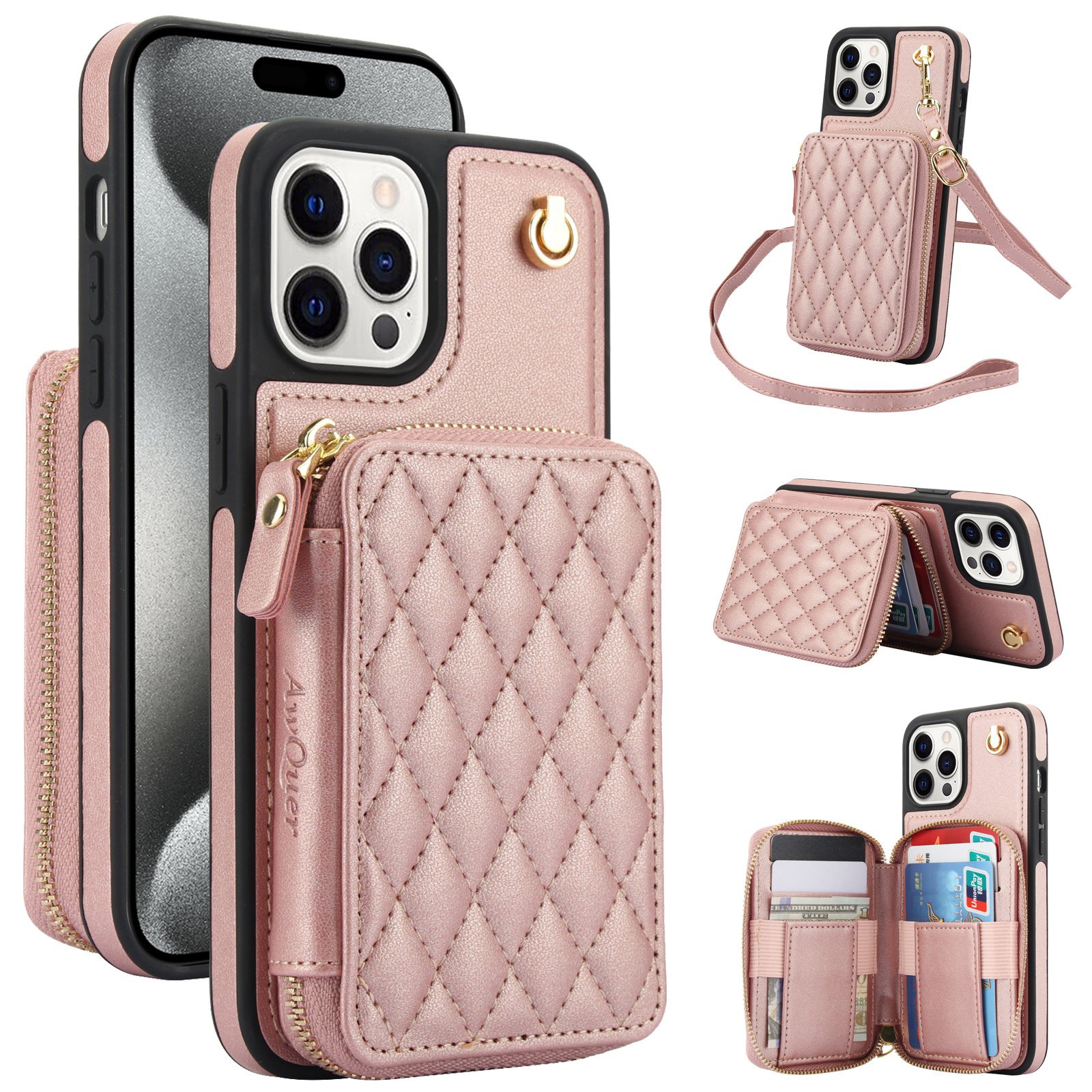 For iPhone 15 Pro Max AwQuer Crossbody Zipper Wallet Rhombic Leather Back Phone Case(Rose Gold) For iPhone 15 Pro Max AwQuer Crossbody Zipper Wallet Rhombic Leather Back Phone Case(Rose Gold)