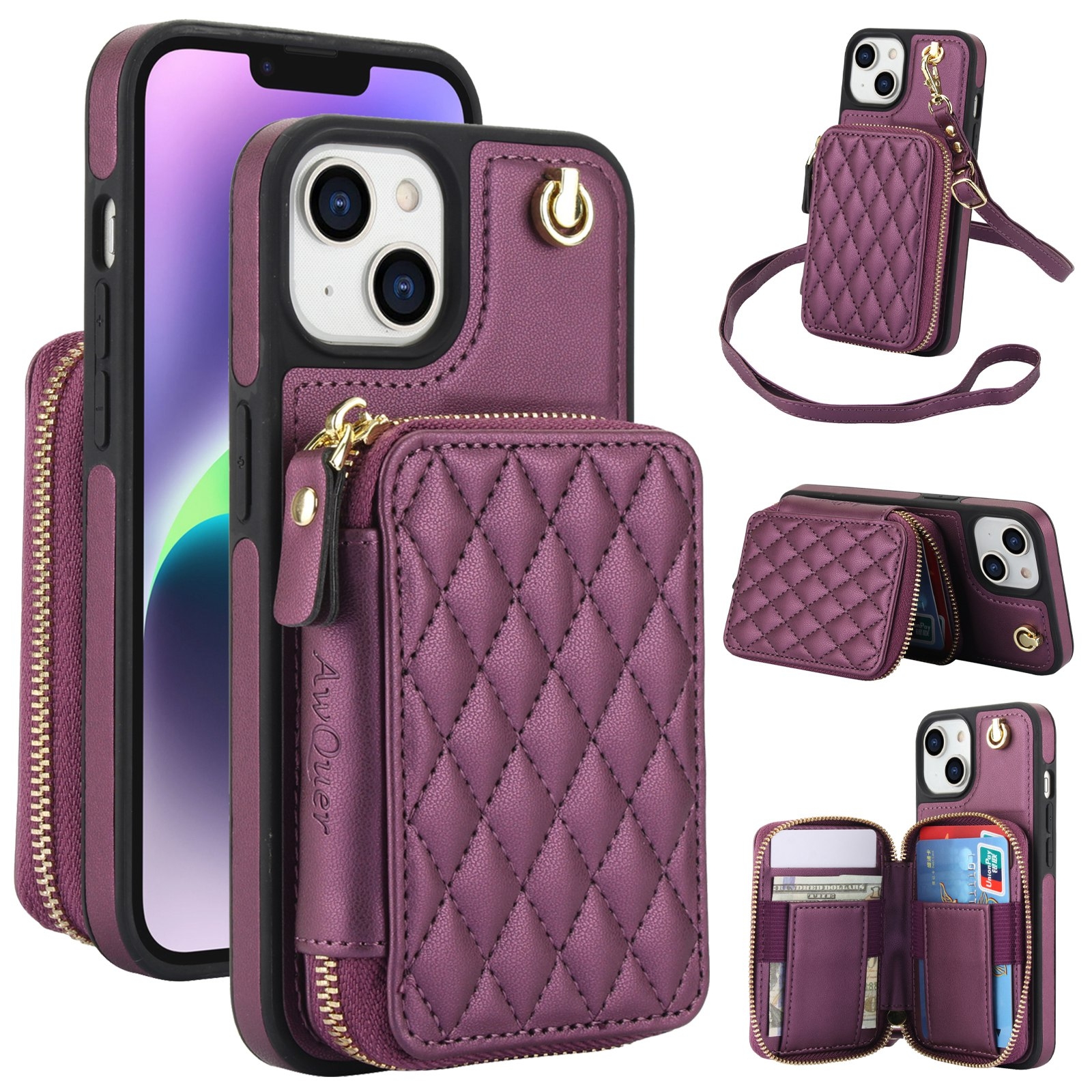 For iPhone 14 Plus AwQuer Crossbody Zipper Wallet Rhombic Leather Back Phone Case(Dark Purple) For iPhone 14 Plus AwQuer Crossbody Zipper Wallet Rhombic Leather Back Phone Case(Dark Purple)