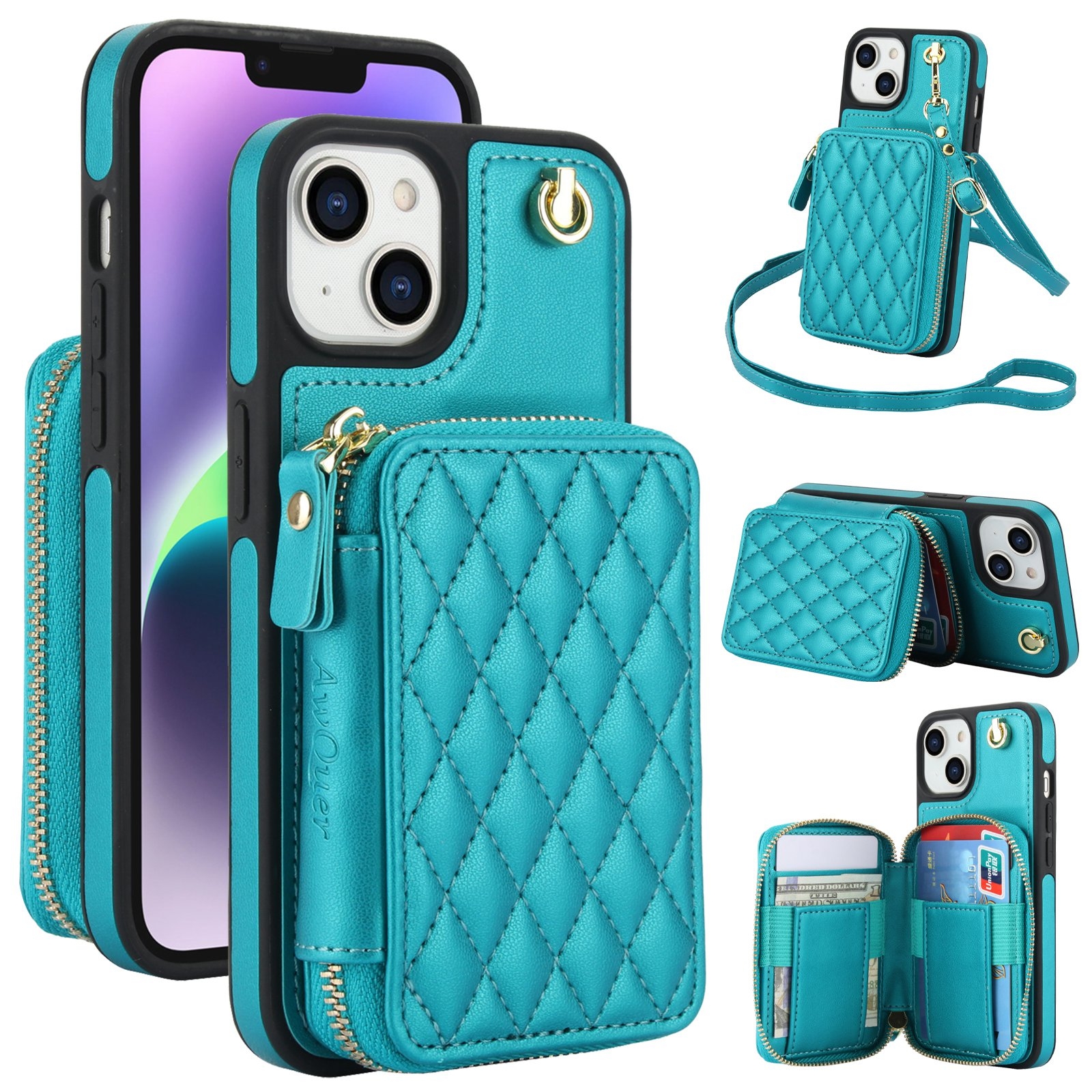 For iPhone 14 / 13 AwQuer Crossbody Zipper Wallet Rhombic Leather Back Phone Case(Green) For iPhone 14 / 13 AwQuer Crossbody Zipper Wallet Rhombic Leather Back Phone Case(Green)