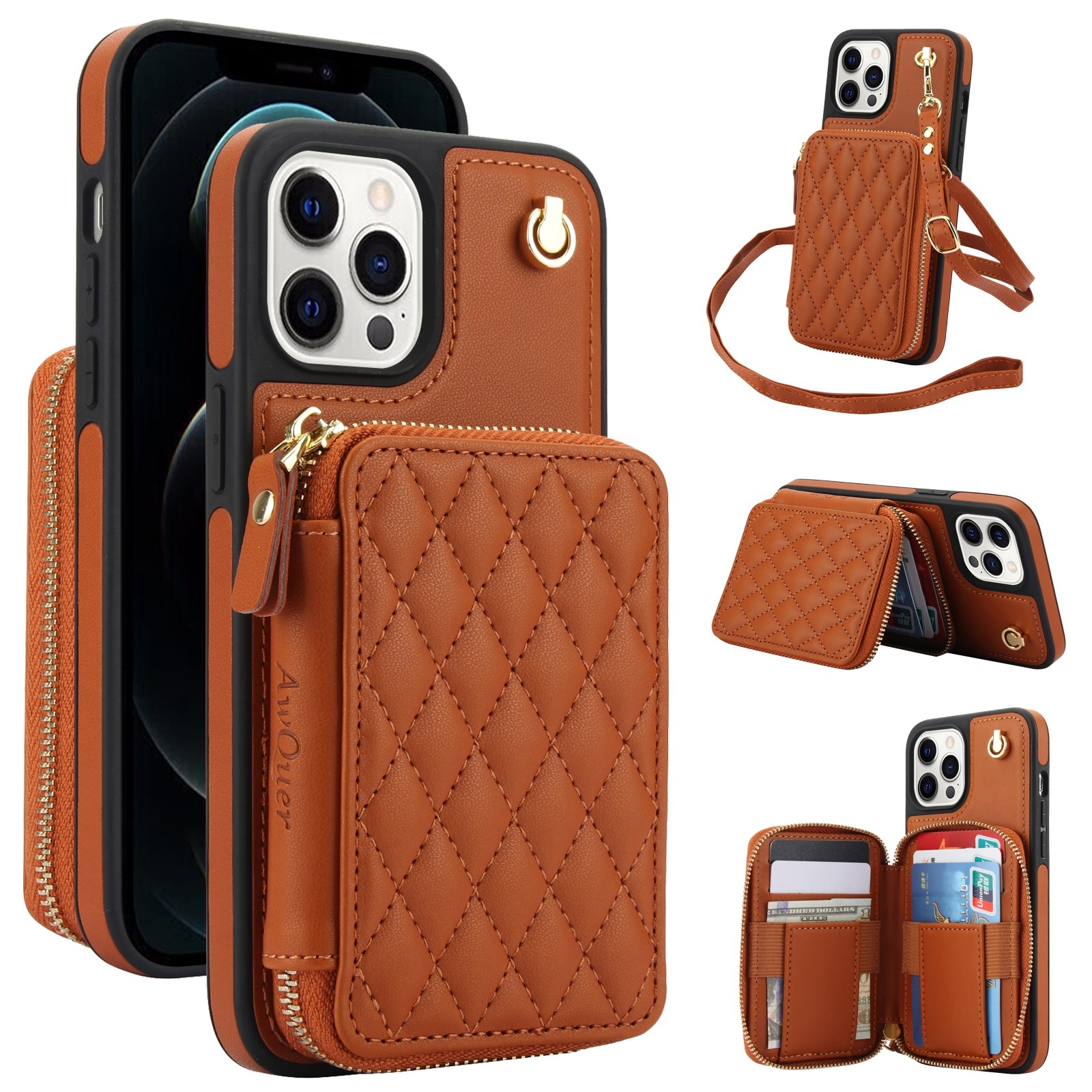 For iPhone 12 / 12 Pro AwQuer Crossbody Zipper Wallet Rhombic Leather Back Phone Case(Brown) For iPhone 12 / 12 Pro AwQuer Crossbody Zipper Wallet Rhombic Leather Back Phone Case(Brown)
