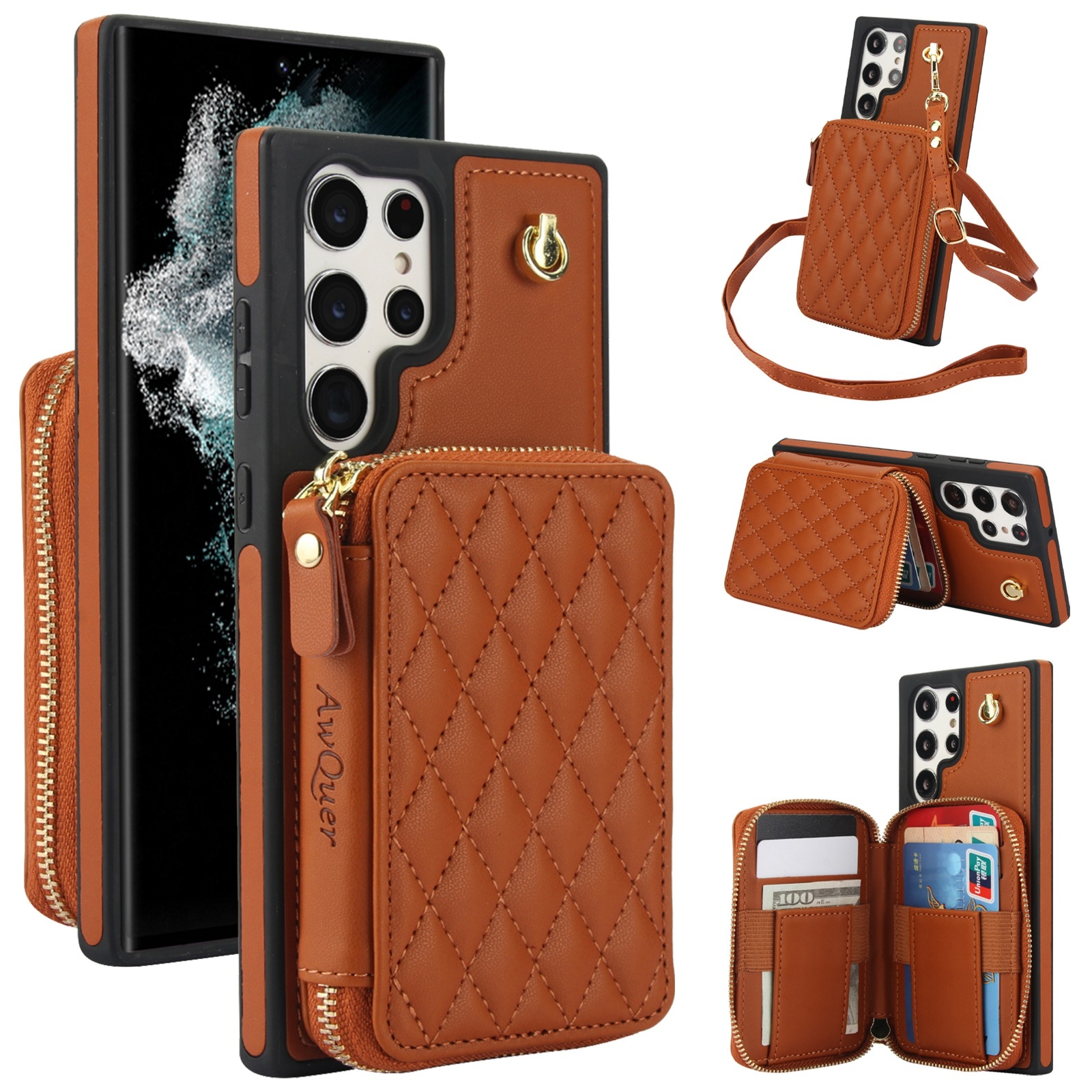 For Samsung Galaxy S23 Ultra 5G AwQuer Crossbody Zipper Wallet Rhombic Leather Back Phone Case(Brown) For Samsung Galaxy S23 Ultra 5G AwQuer Crossbody Zipper Wallet Rhombic Leather Back Phone Case(Brown)