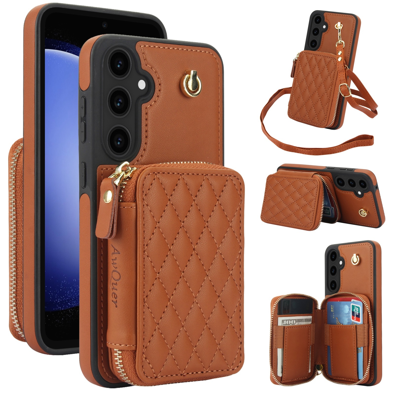 For Samsung Galaxy S23 FE 5G AwQuer Crossbody Zipper Wallet Rhombic Leather Back Phone Case(Brown) For Samsung Galaxy S23 FE 5G AwQuer Crossbody Zipper Wallet Rhombic Leather Back Phone Case(Brown)