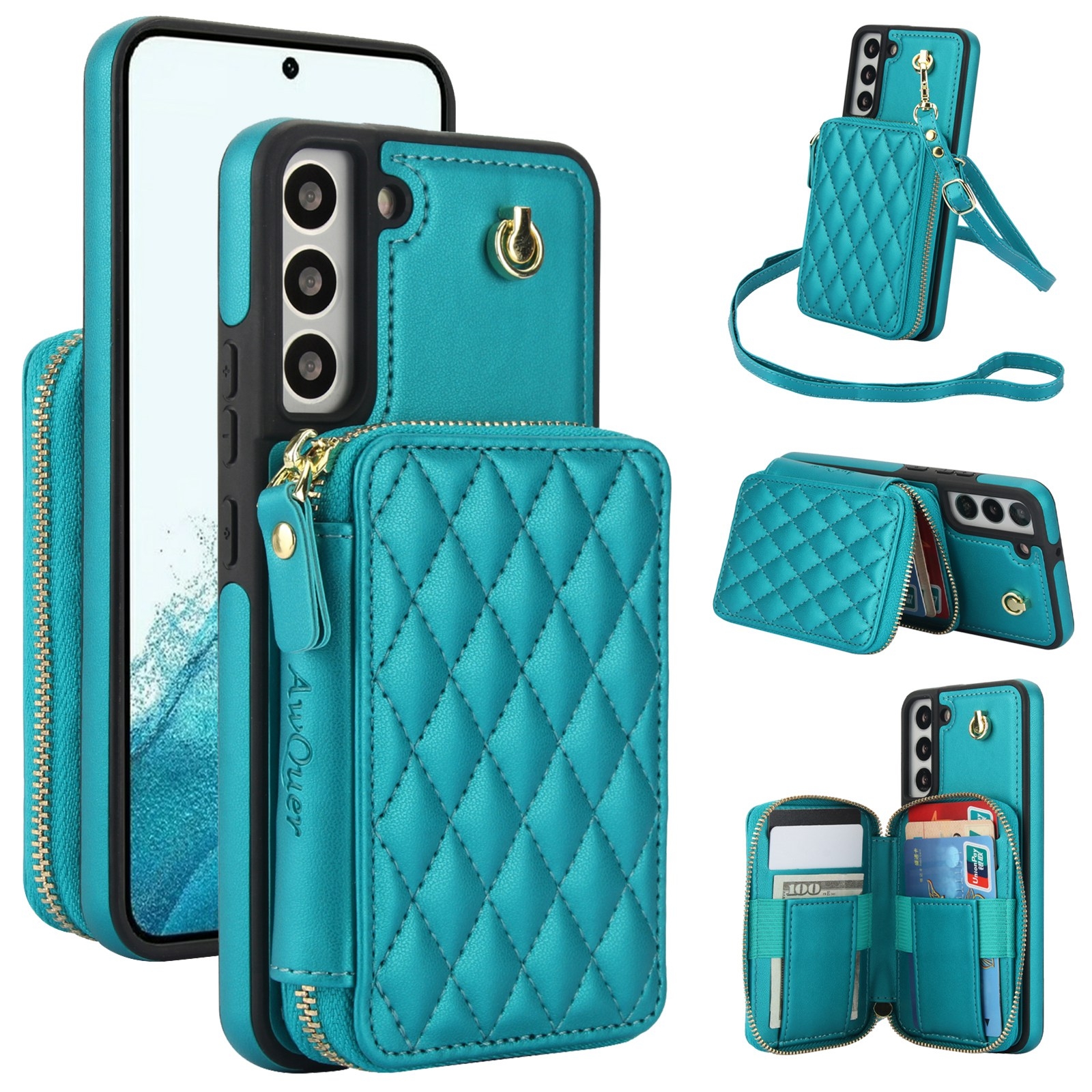 For Samsung Galaxy S22 5G AwQuer Crossbody Zipper Wallet Rhombic Leather Back Phone Case(Green) For Samsung Galaxy S22 5G AwQuer Crossbody Zipper Wallet Rhombic Leather Back Phone Case(Green)