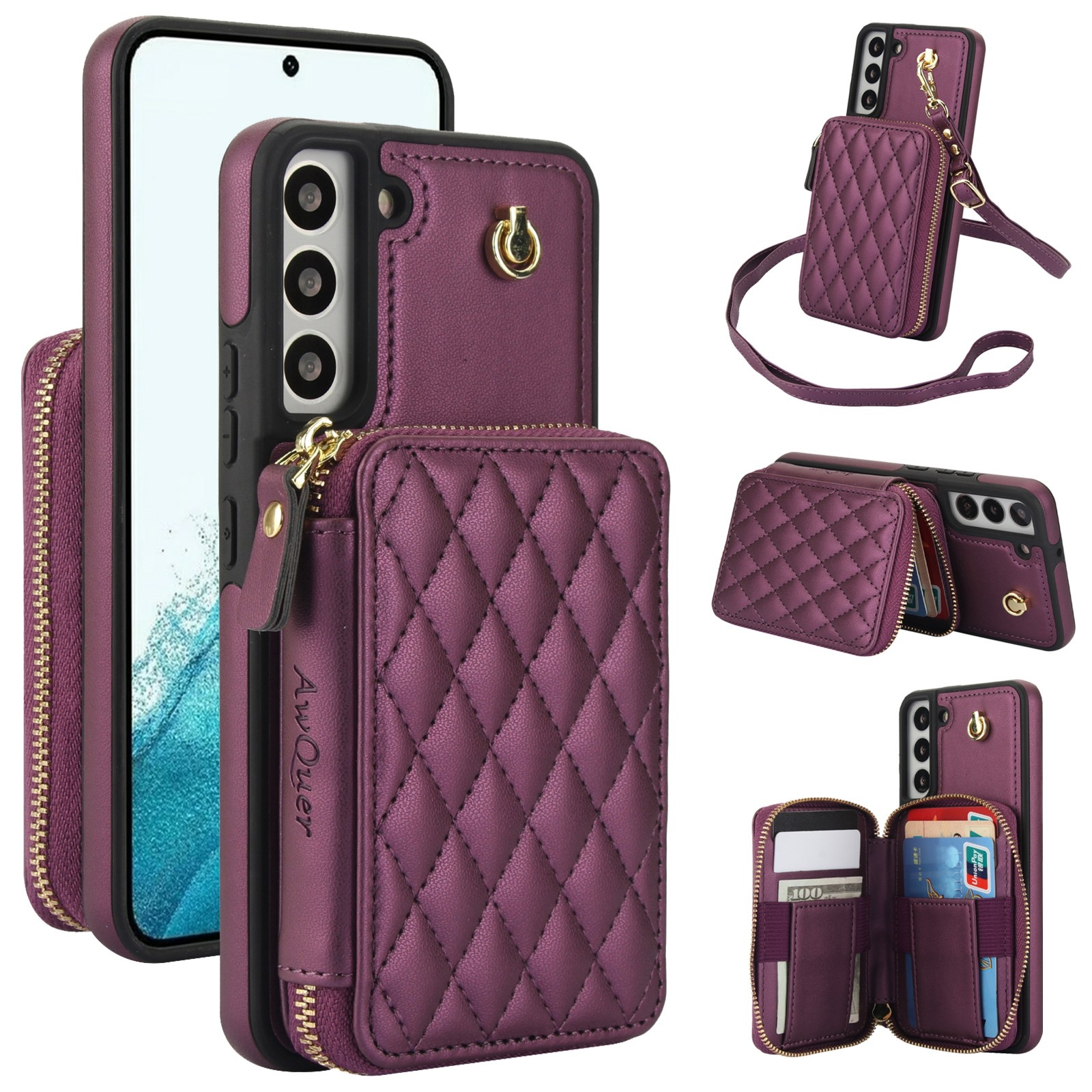 For Samsung Galaxy S22+ 5G AwQuer Crossbody Zipper Wallet Rhombic Leather Back Phone Case(Dark Purple) For Samsung Galaxy S22+ 5G AwQuer Crossbody Zipper Wallet Rhombic Leather Back Phone Case(Dark Purple)
