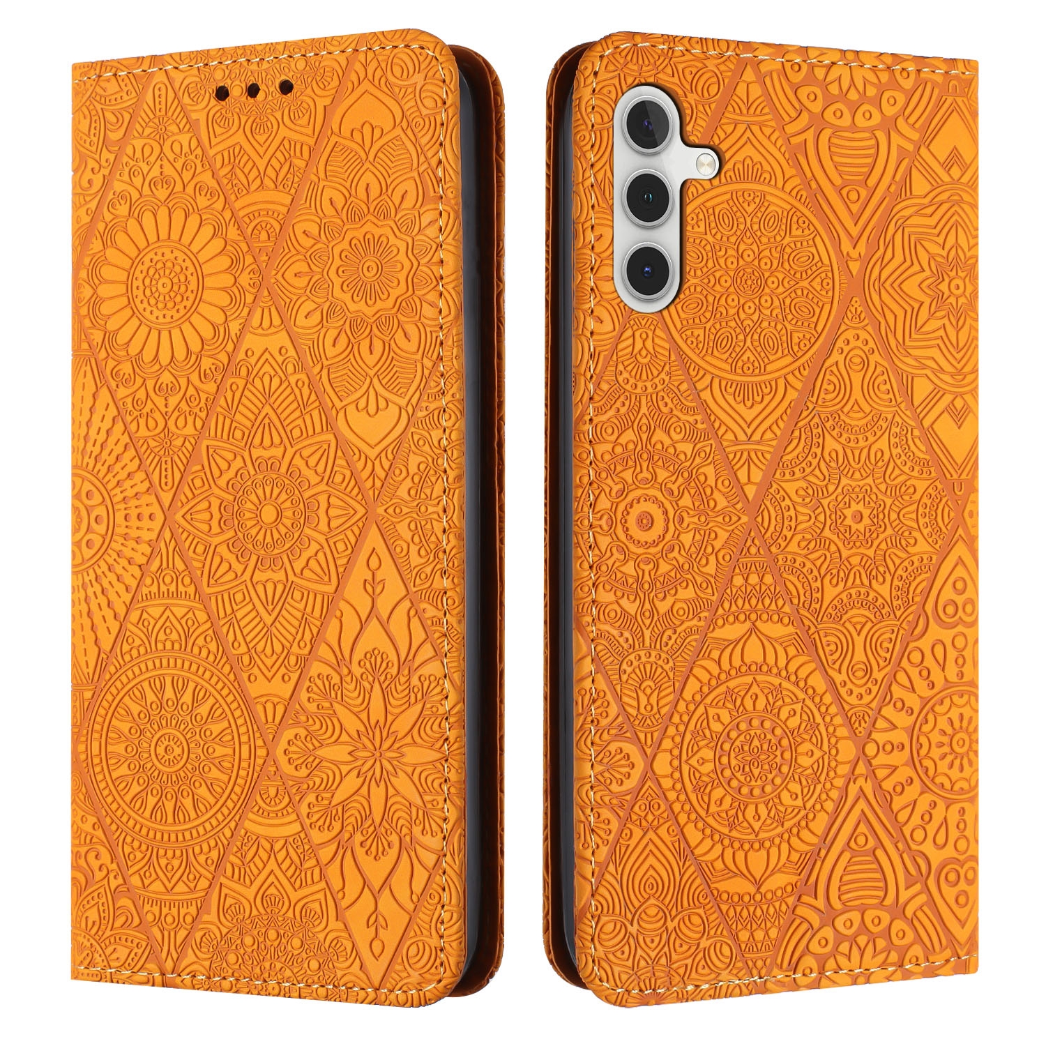 For Samsung Galaxy S25 5G Ethnic Embossed Adsorption Leather Phone Case(Yellow) For Samsung Galaxy S25 5G Ethnic Embossed Adsorption Leather Phone Case(Yellow)