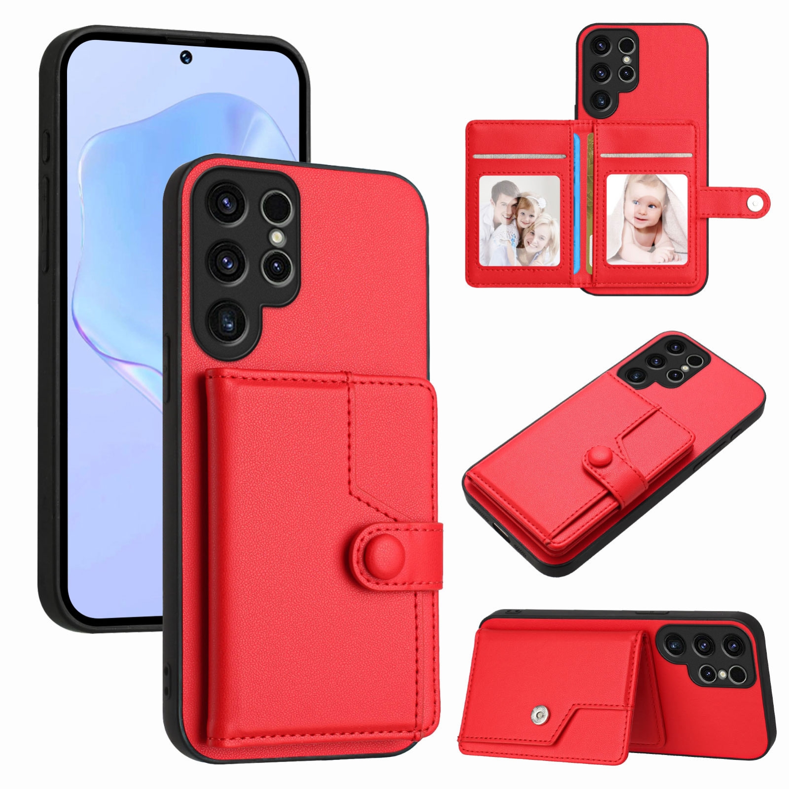 For Samsung Galaxy S22 Ultra 5G Button Card Bag RFID Anti-theft Phone Case(Red) For Samsung Galaxy S22 Ultra 5G Button Card Bag RFID Anti-theft Phone Case(Red)