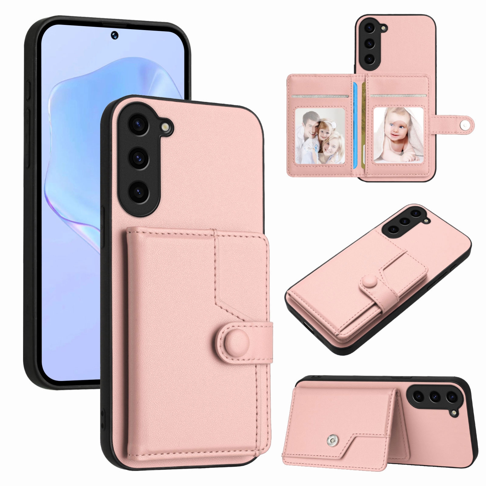 For Samsung Galaxy S23 FE 5G Button Card Bag RFID Anti-theft Phone Case(Pink) For Samsung Galaxy S23 FE 5G Button Card Bag RFID Anti-theft Phone Case(Pink)