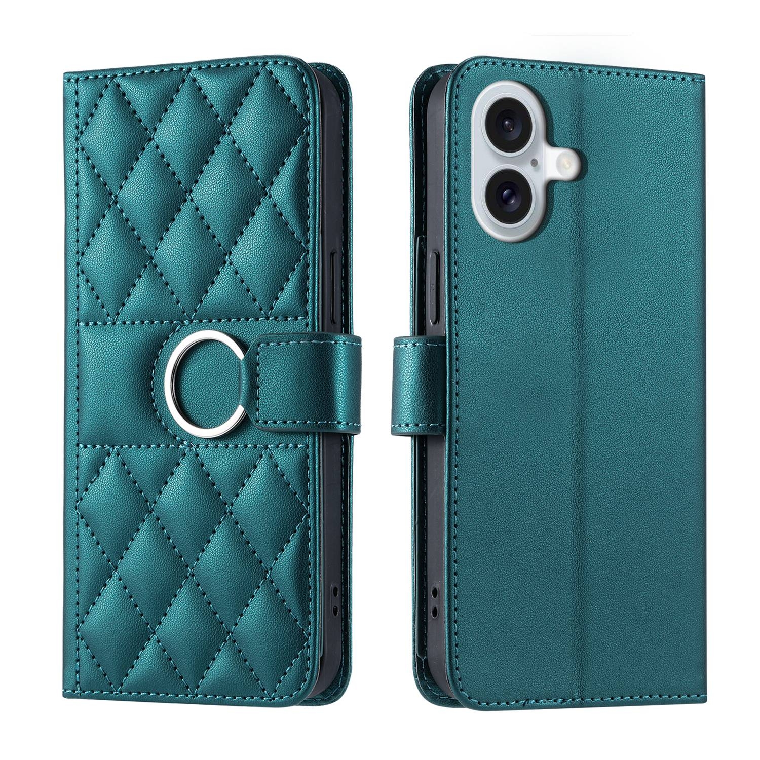 For iPhone 16 Plus Ring Buckle Rhombic Leather Phone Case(Green) For iPhone 16 Plus Ring Buckle Rhombic Leather Phone Case(Green)