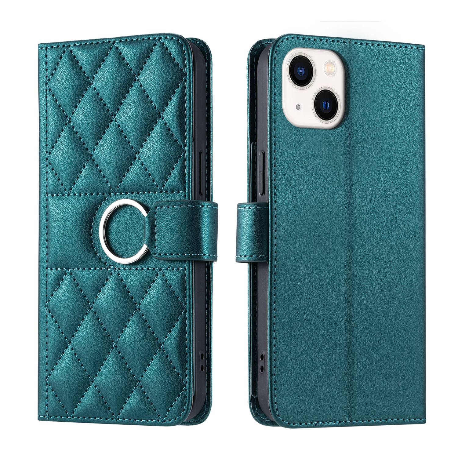 For iPhone 14 Plus Ring Buckle Rhombic Leather Phone Case(Green) For iPhone 14 Plus Ring Buckle Rhombic Leather Phone Case(Green)