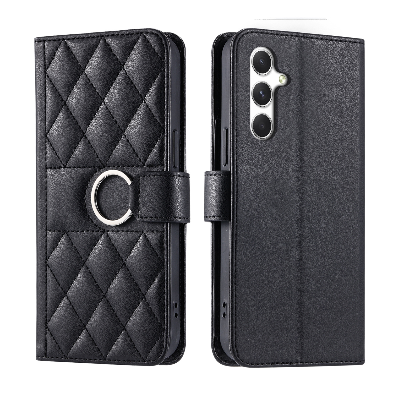 For Samsung Galaxy A25 5G Ring Buckle Rhombic Leather Phone Case(Black) For Samsung Galaxy A25 5G Ring Buckle Rhombic Leather Phone Case(Black)