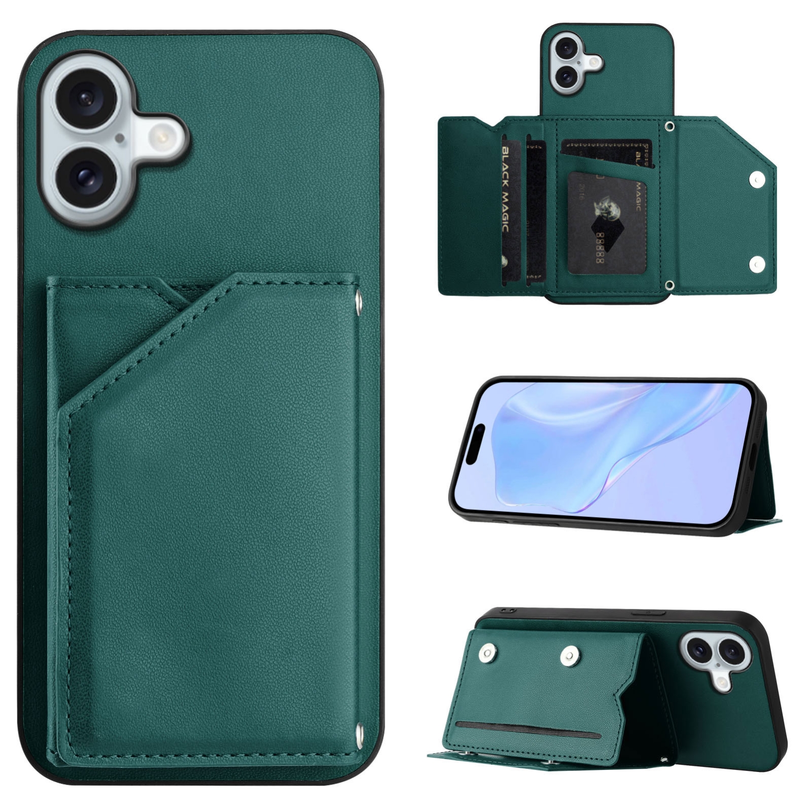 For iPhone 16 Plus Skin Feel Four Card Slots Phone Case with Wrist Strap(Green) For iPhone 16 Plus Skin Feel Four Card Slots Phone Case with Wrist Strap(Green)