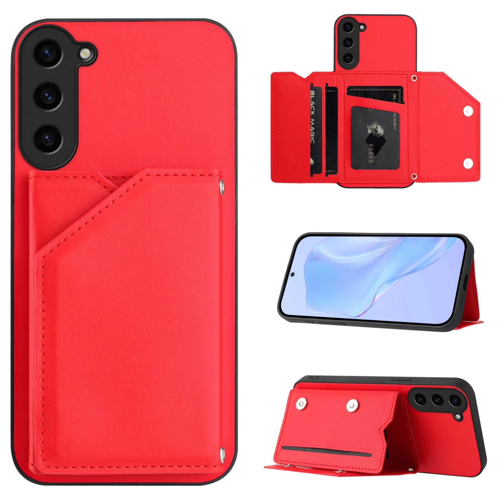 For Samsung Galaxy S23+ 5G Skin Feel Four Card Slots Phone Case with Wrist Strap(Red)