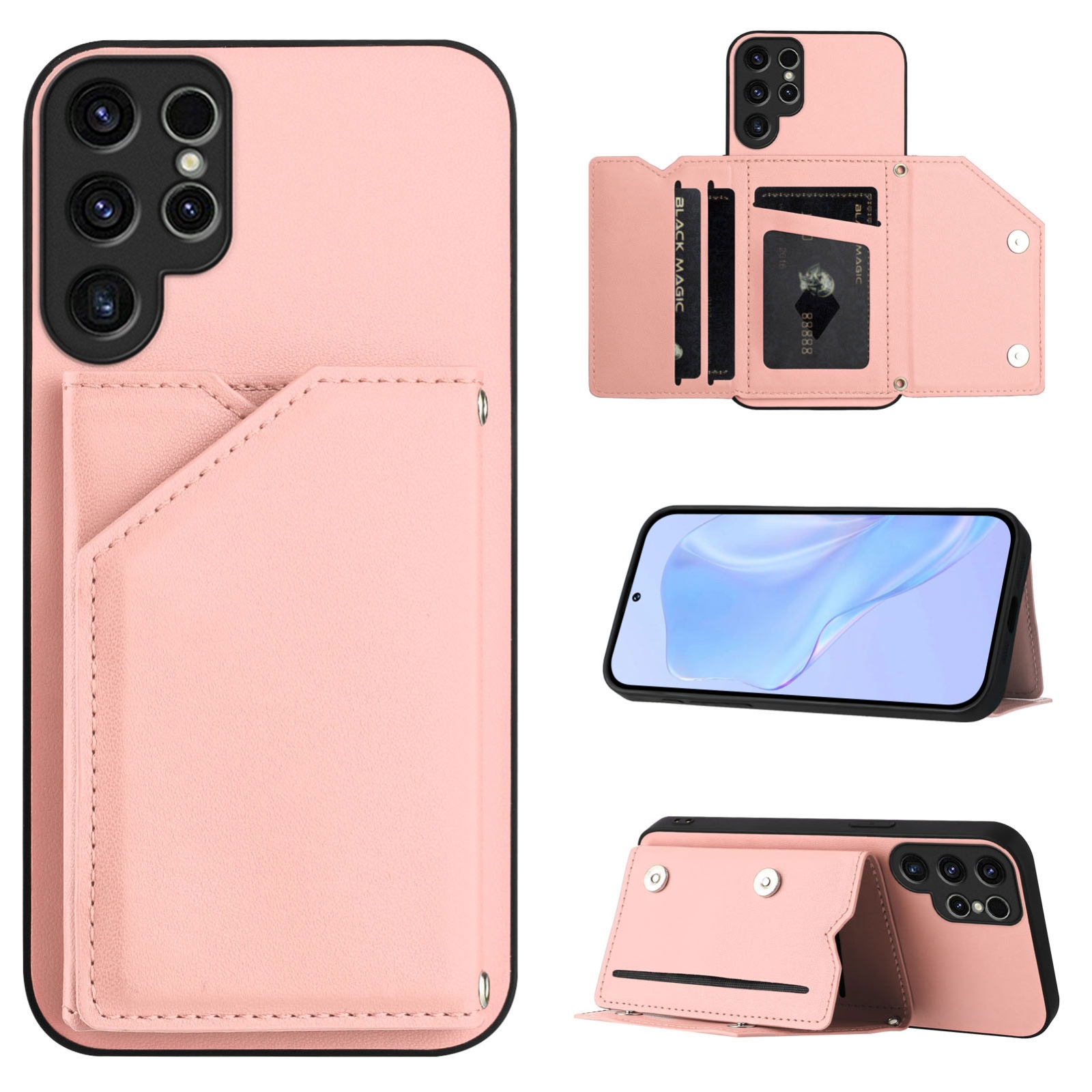 For Samsung Galaxy S23 Ultra 5G Skin Feel Four Card Slots Phone Case with Wrist Strap(Pink) For Samsung Galaxy S23 Ultra 5G Skin Feel Four Card Slots Phone Case with Wrist Strap(Pink)