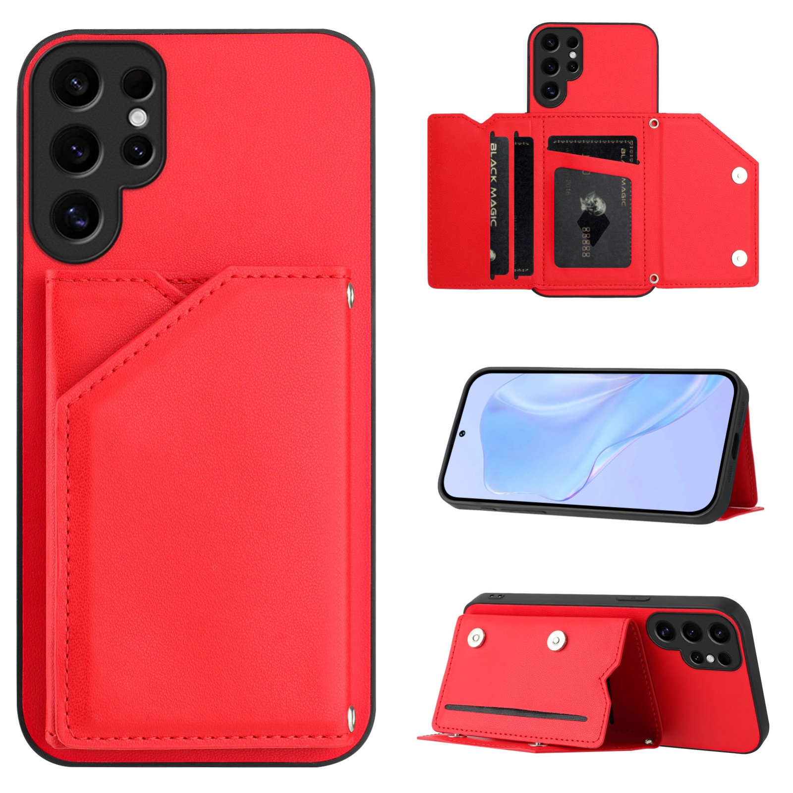 For Samsung Galaxy S24 Ultra 5G Skin Feel Four Card Slots Phone Case with Wrist Strap(Red) For Samsung Galaxy S24 Ultra 5G Skin Feel Four Card Slots Phone Case with Wrist Strap(Red)
