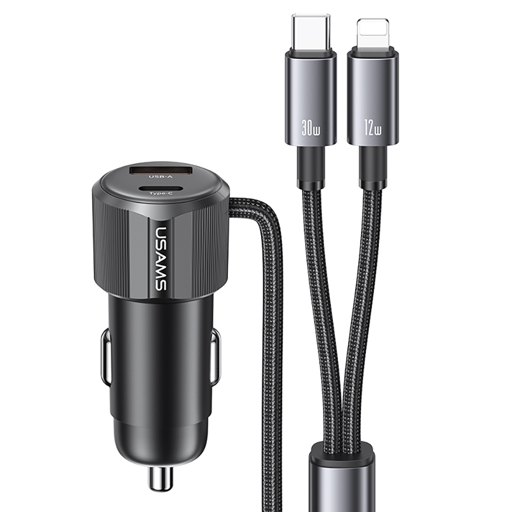 USAMS CC287 YT Series 66W USB and Type-C Dual Ports Car Fast Charger with 2 in 1 Cable(Black) USAMS CC287 YT Series 66W USB and Type-C Dual Ports Car Fast Charger with 2 in 1 Cable(Black)