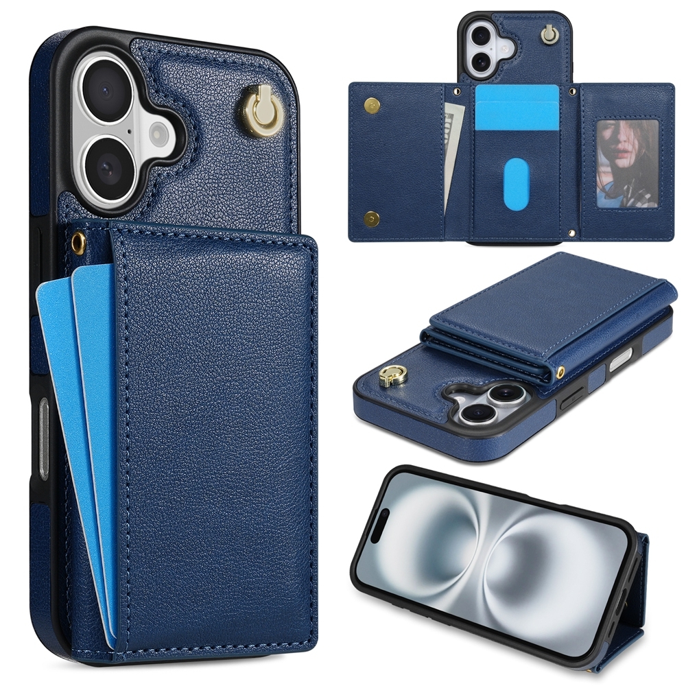 For iPhone 16 Three Fold Card Bag Phone Case with Long Lanyard(Blue) For iPhone 16 Three Fold Card Bag Phone Case with Long Lanyard(Blue)