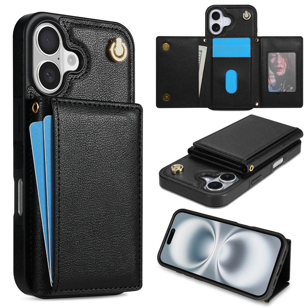 For iPhone 16 Plus Three Fold Card Bag Phone Case with Long Lanyard(Black) For iPhone 16 Plus Three Fold Card Bag Phone Case with Long Lanyard(Black)