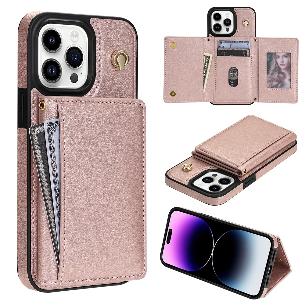 For iPhone 14 Pro Three Fold Card Bag Phone Case with Long Lanyard(Rose Gold) For iPhone 14 Pro Three Fold Card Bag Phone Case with Long Lanyard(Rose Gold)