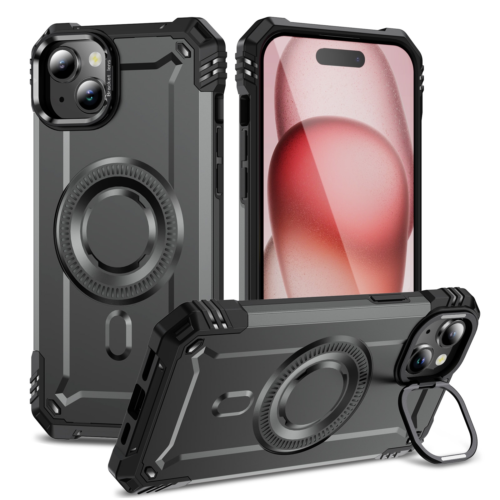 For iPhone 15 Plus Lens Holder MagSafe Phone Case(Grey) For iPhone 15 Plus Lens Holder MagSafe Phone Case(Grey)