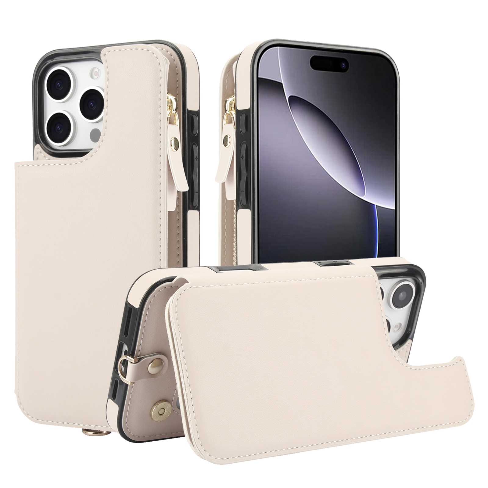 For iPhone 16 Pro Max Double Flap Zipper RFID Leather Phone Case with Short Lanyard(White) For iPhone 16 Pro Max Double Flap Zipper RFID Leather Phone Case with Short Lanyard(White)