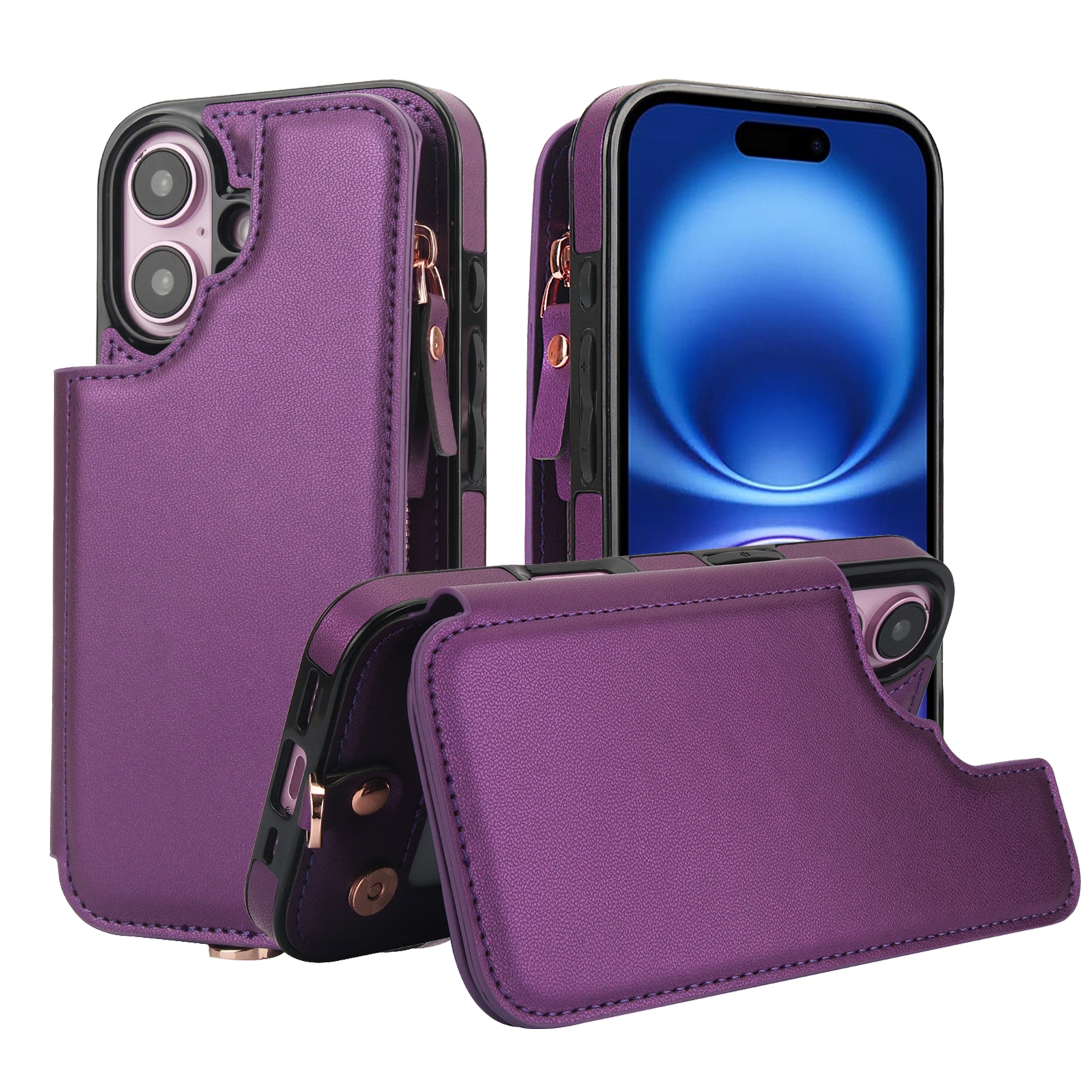 For iPhone 16 Plus Double Flap Zipper RFID Leather Phone Case with Short Lanyard(Dark Purple) For iPhone 16 Plus Double Flap Zipper RFID Leather Phone Case with Short Lanyard(Dark Purple)