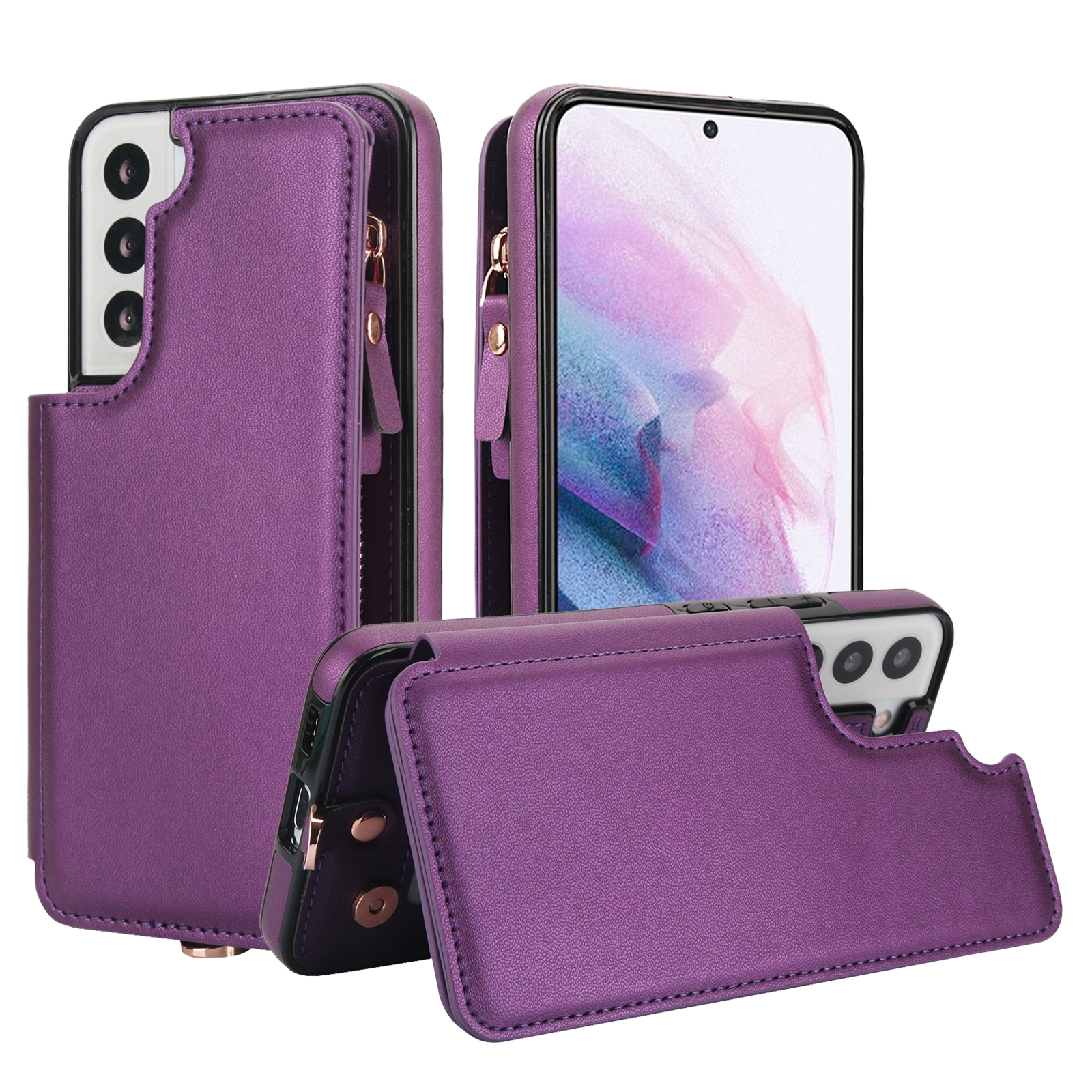 For Samsung Galaxy S22 5G Double Flap Zipper RFID Leather Phone Case with Short Lanyard(Dark Purple) For Samsung Galaxy S22 5G Double Flap Zipper RFID Leather Phone Case with Short Lanyard(Dark Purple)