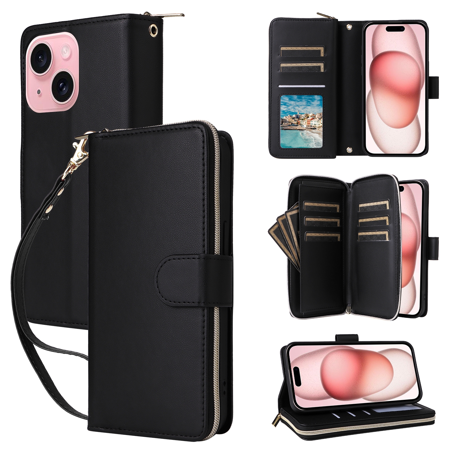 For iPhone 15 Plus / 14 Plus Nine-card Slots Zipper Wallet Bag Leather Phone Case(Black) For iPhone 15 Plus / 14 Plus Nine-card Slots Zipper Wallet Bag Leather Phone Case(Black)
