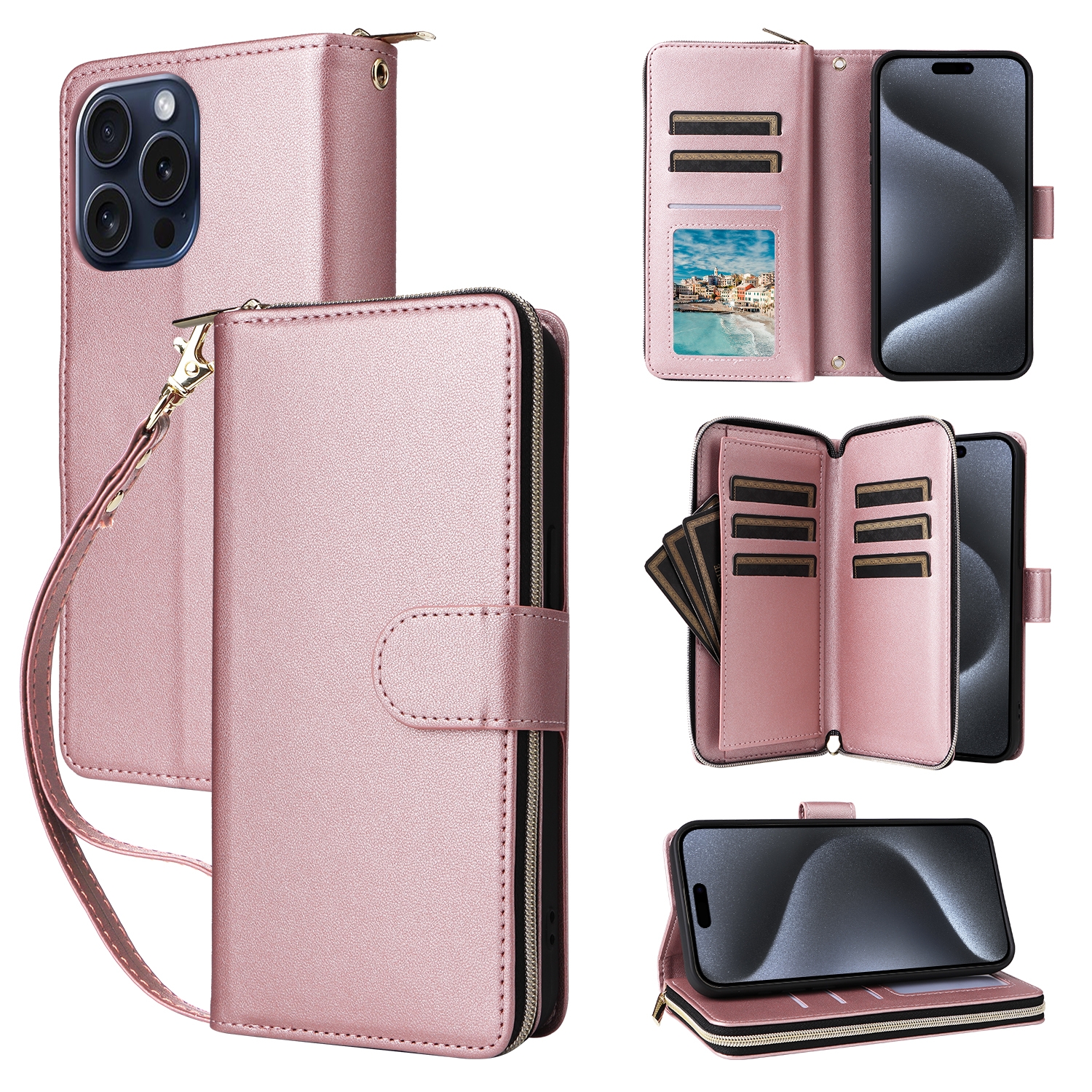 For iPhone 15 Pro Nine-card Slots Zipper Wallet Bag Leather Phone Case(Rose Gold) For iPhone 15 Pro Nine-card Slots Zipper Wallet Bag Leather Phone Case(Rose Gold)