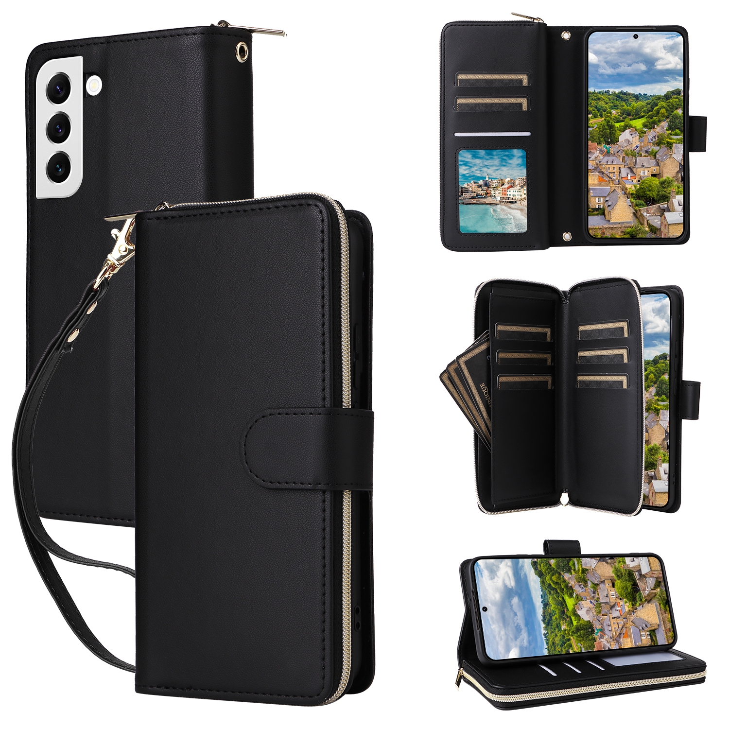 For Samsung Galaxy S22 5G Nine-card Slots Zipper Wallet Bag Leather Phone Case(Black) For Samsung Galaxy S22 5G Nine-card Slots Zipper Wallet Bag Leather Phone Case(Black)