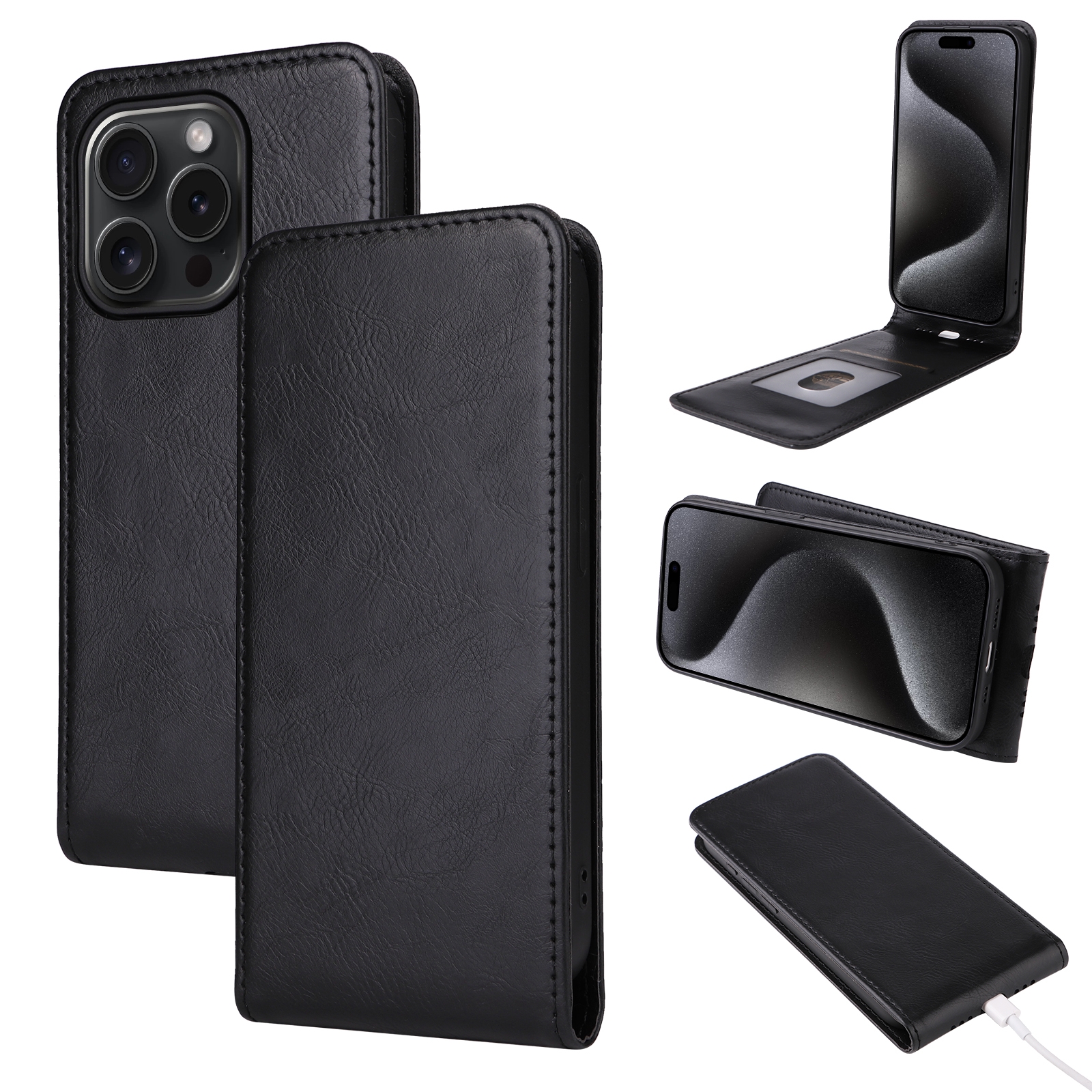 For iPhone 15 Pro Magnetic Vertical Flip Leather Phone Case(Black) For iPhone 15 Pro Magnetic Vertical Flip Leather Phone Case(Black)