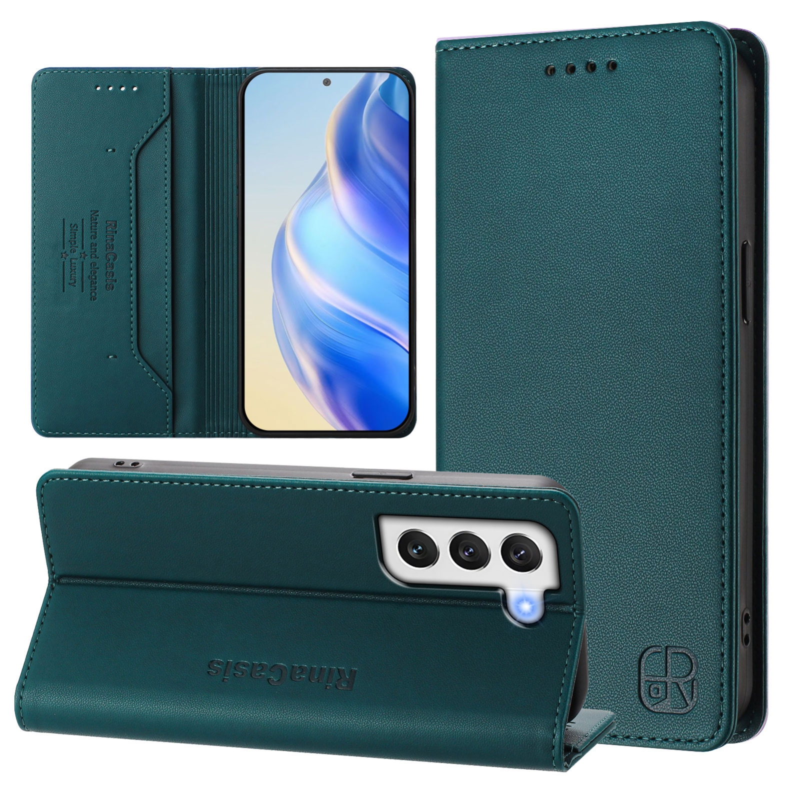 For Samsung Galaxy S22+ 5G RC01 Dual-Folded Magnetic Suction RFID Leather Phone Case(Dark Green) For Samsung Galaxy S22+ 5G RC01 Dual-Folded Magnetic Suction RFID Leather Phone Case(Dark Green)