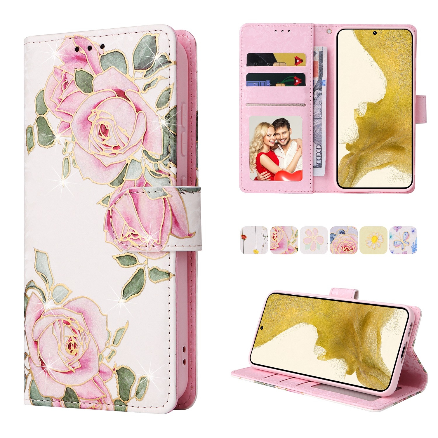 For Samsung Galaxy S23 5G Bronzing Painting RFID Leather Phone Case(Rose Flower) For Samsung Galaxy S23 5G Bronzing Painting RFID Leather Phone Case(Rose Flower)