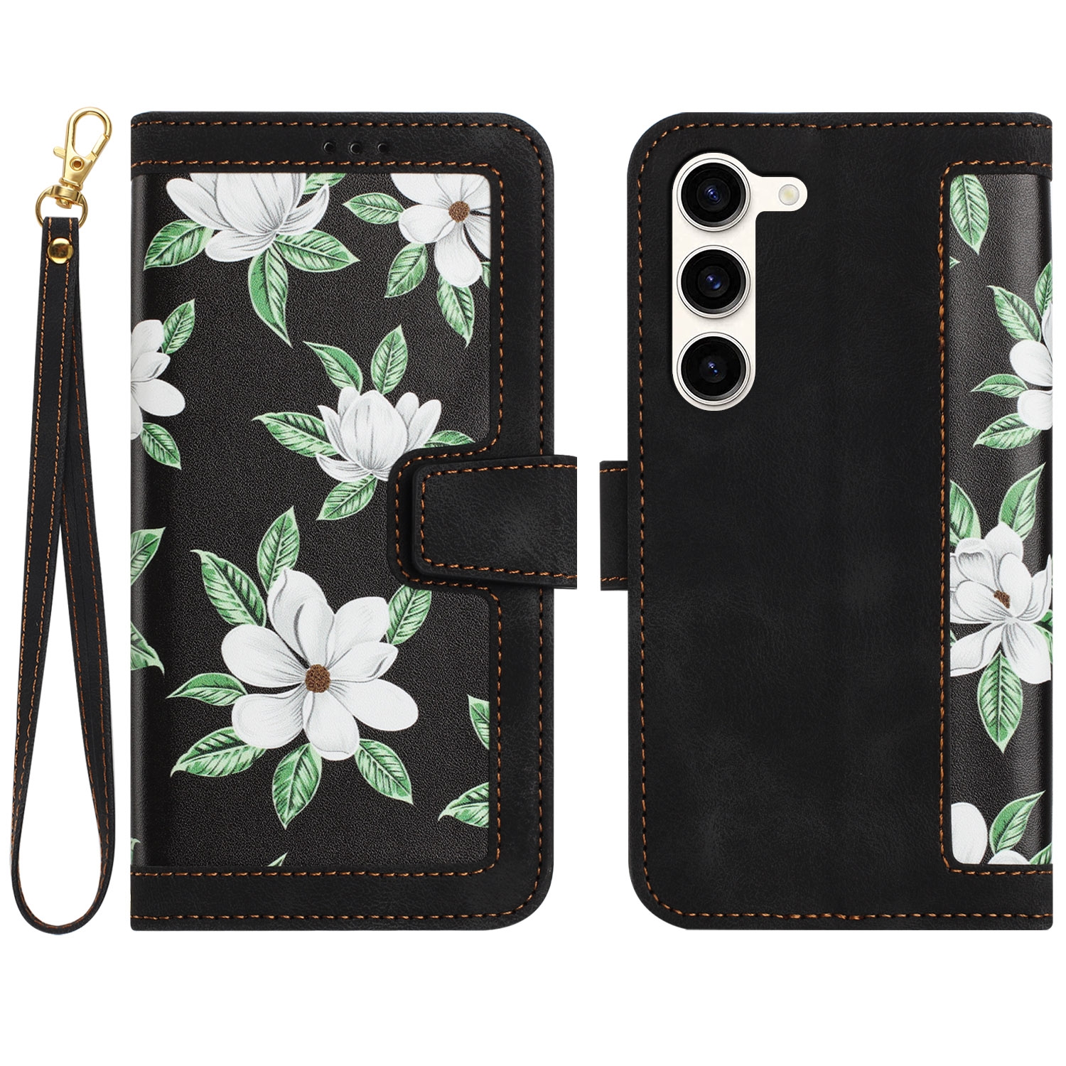 For Samsung Galaxy S23+ 5G Floral Pattern Leather Phone Case with Lanyard(Black)